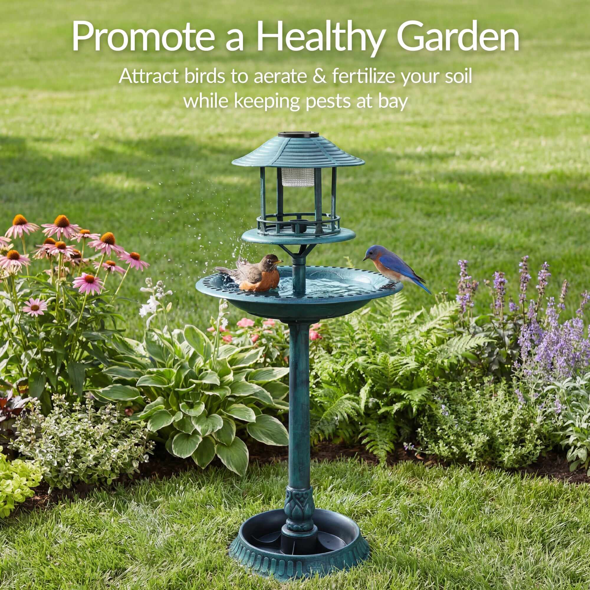 Solar Lighted Outdoor Pedestal Bird Bath w/ Planter, Decorative Bird Cage
