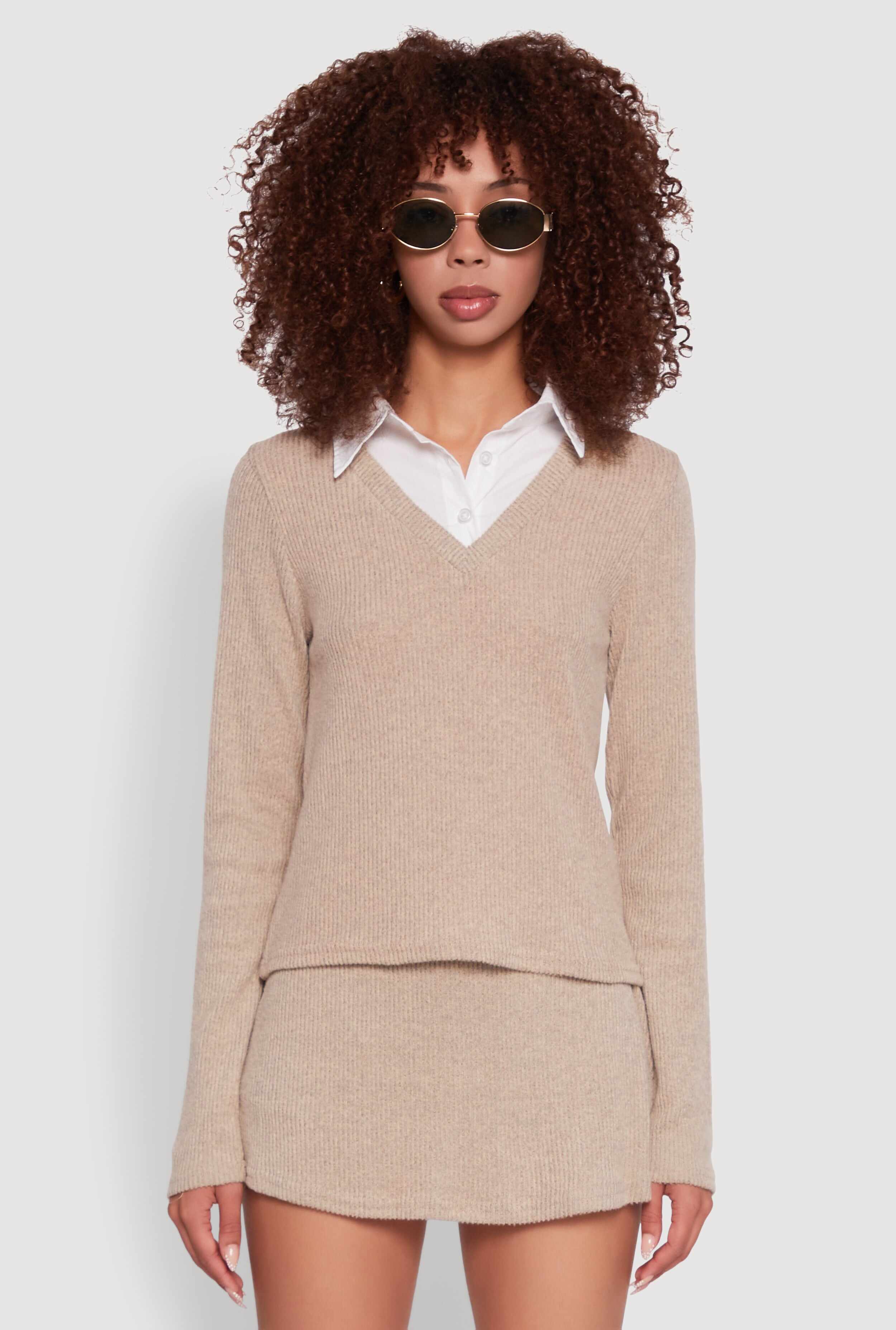 Shirt Collar Layered Look Sweater