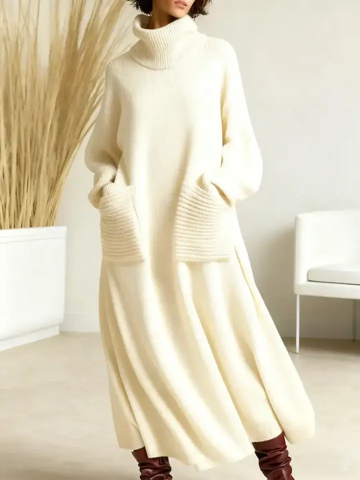 🔥Summer Arrivals🌟Women's Solid Color High-Neck Long-Sleeve Casual Loose Knit Dress