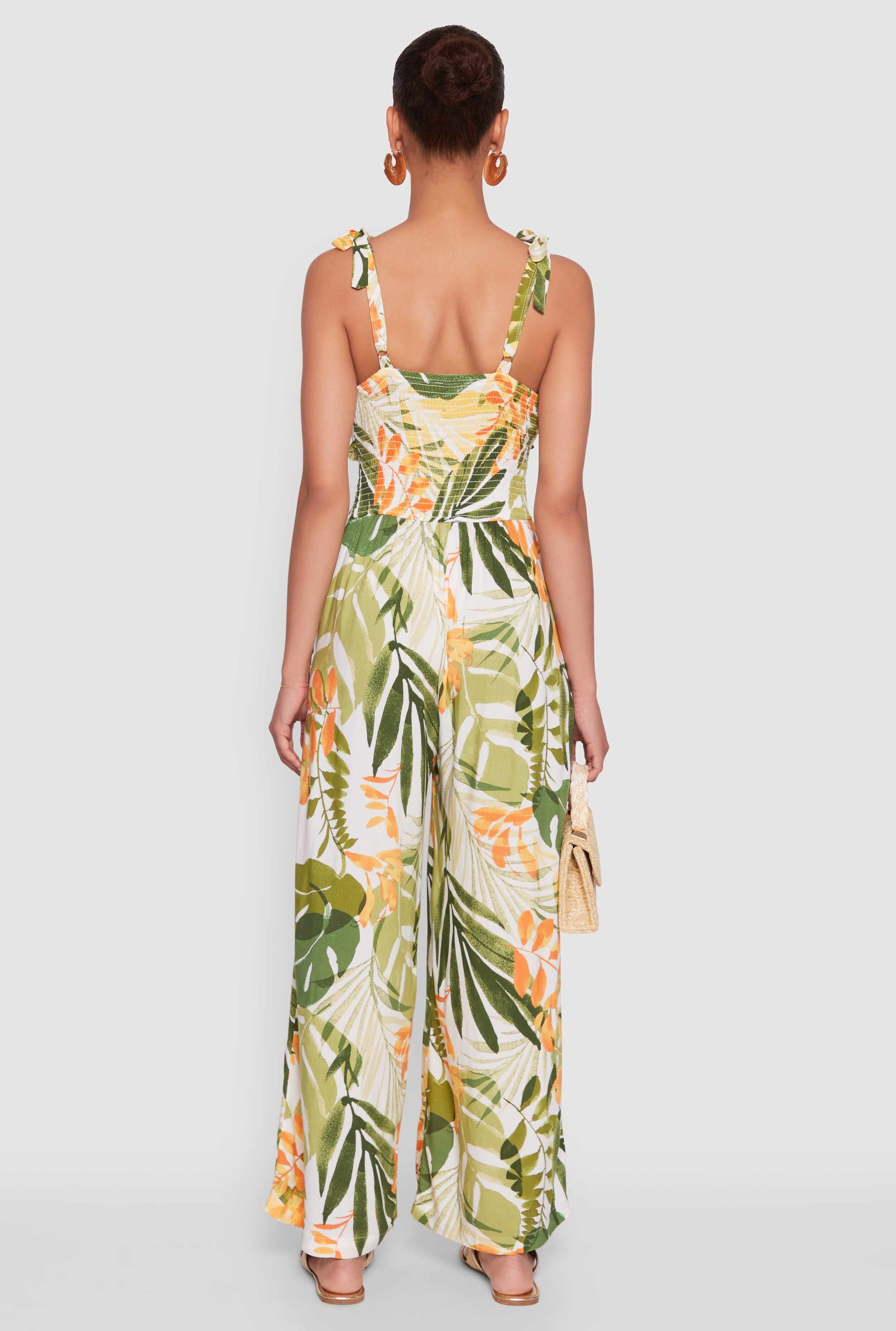 Iris Tropical Leaf Print Sleeveless V-Neck Jumpsuit with Tie Straps