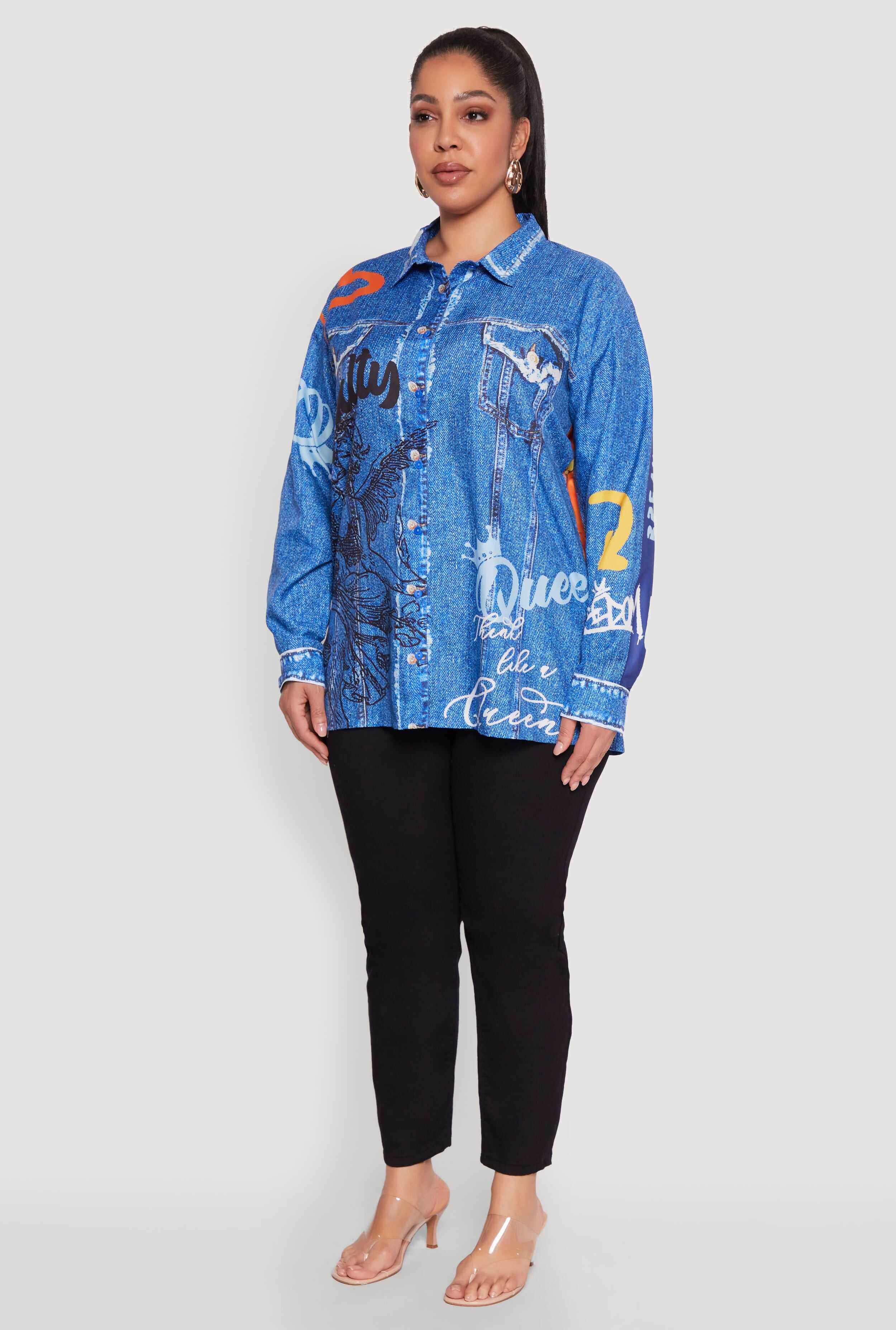 Plus Size Graffiti Denim Graphic Shirt
