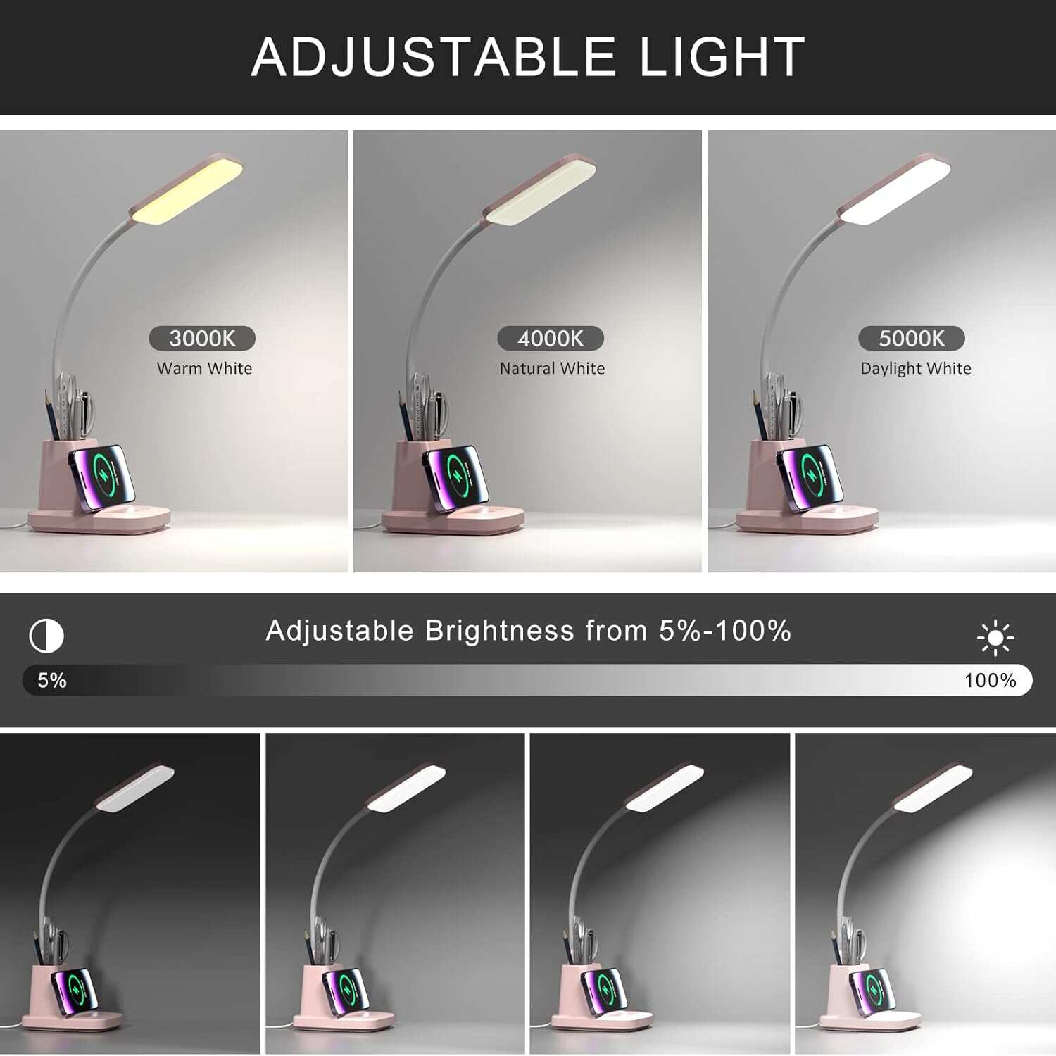 Desk Lamp with Wireless Charger, LED Desk Lamps for Home Office, 800 Lumens, Small Desk Lamp with Pen Holder, Flexible Arm, 3 Modes, Dimming, Touch Lamp for College Dorm Room