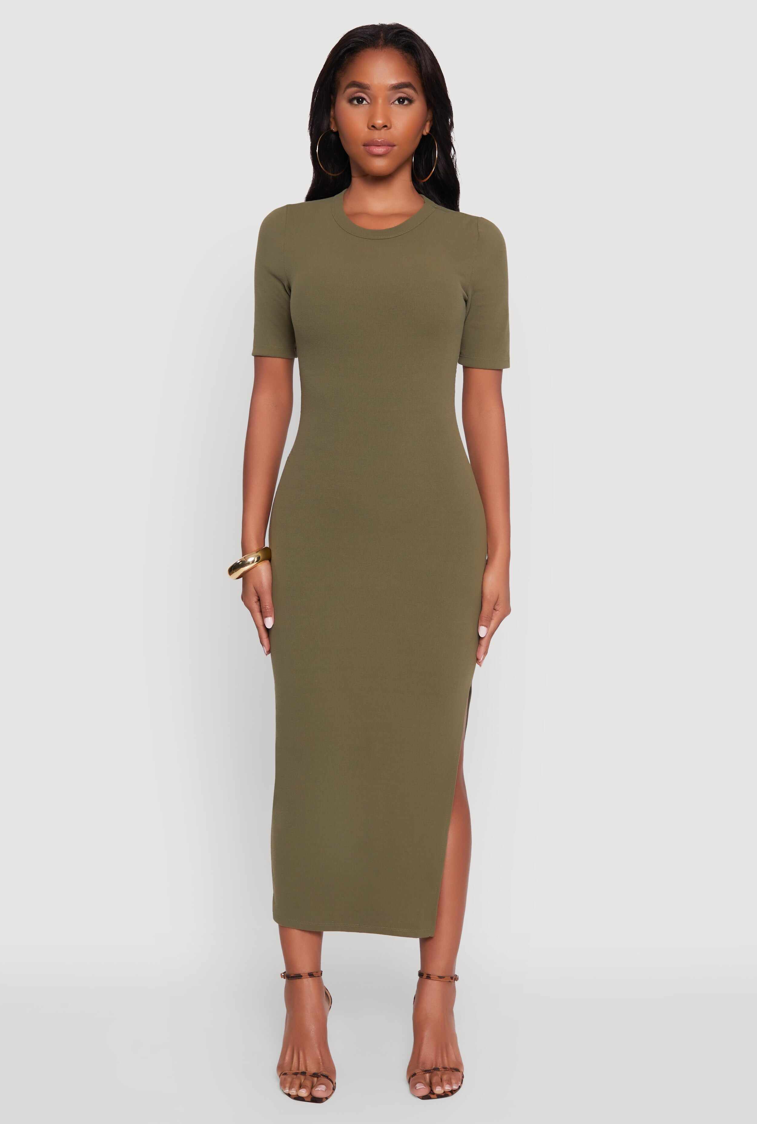 Ribbed Knit Side Ruch Side Slit Midi Dress