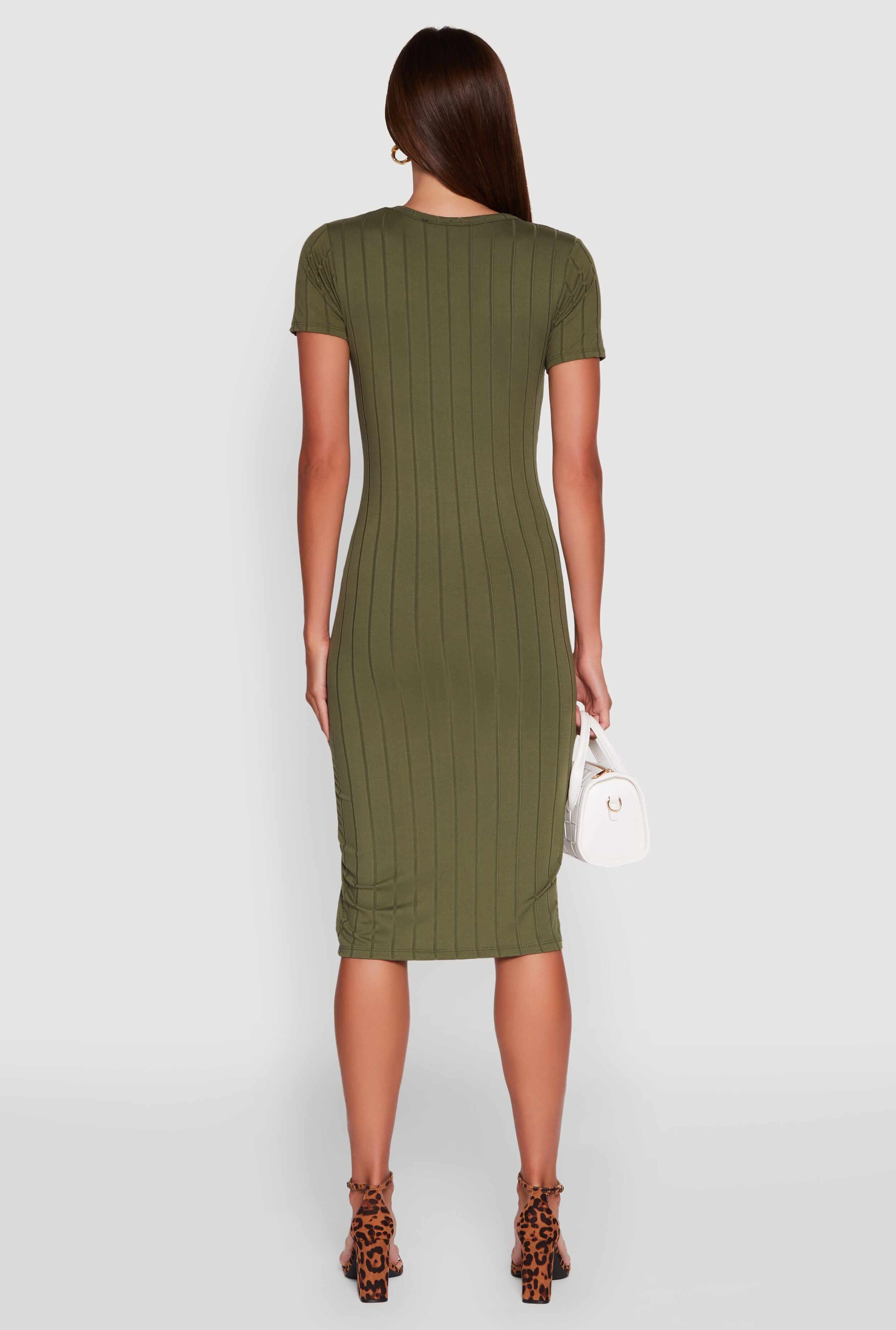 Ribbed Knit Shadow Stripe Midi T-Shirt Dress