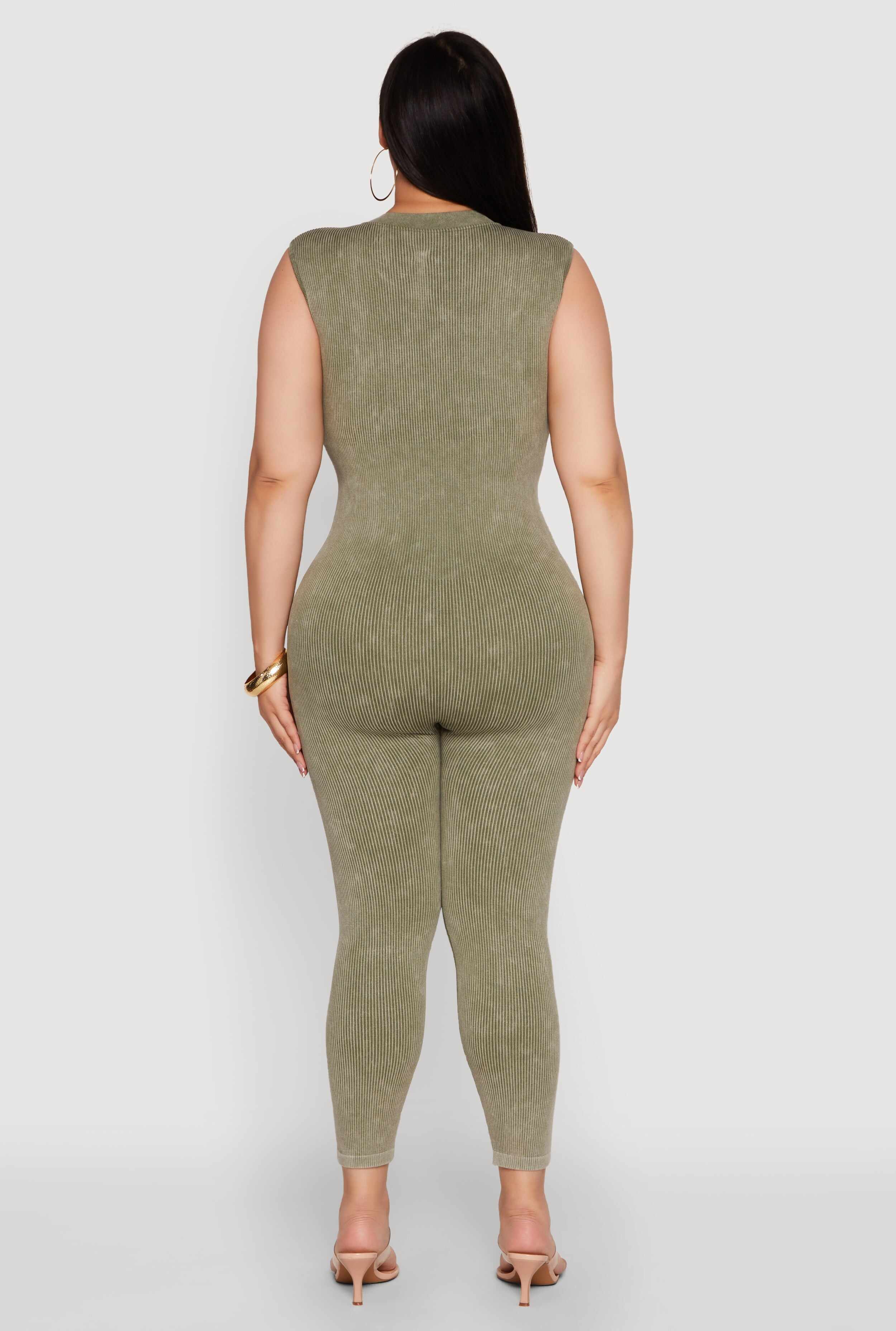 Seamless Ribbed Knit Sleeveless Jumpsuit with Zip Neck