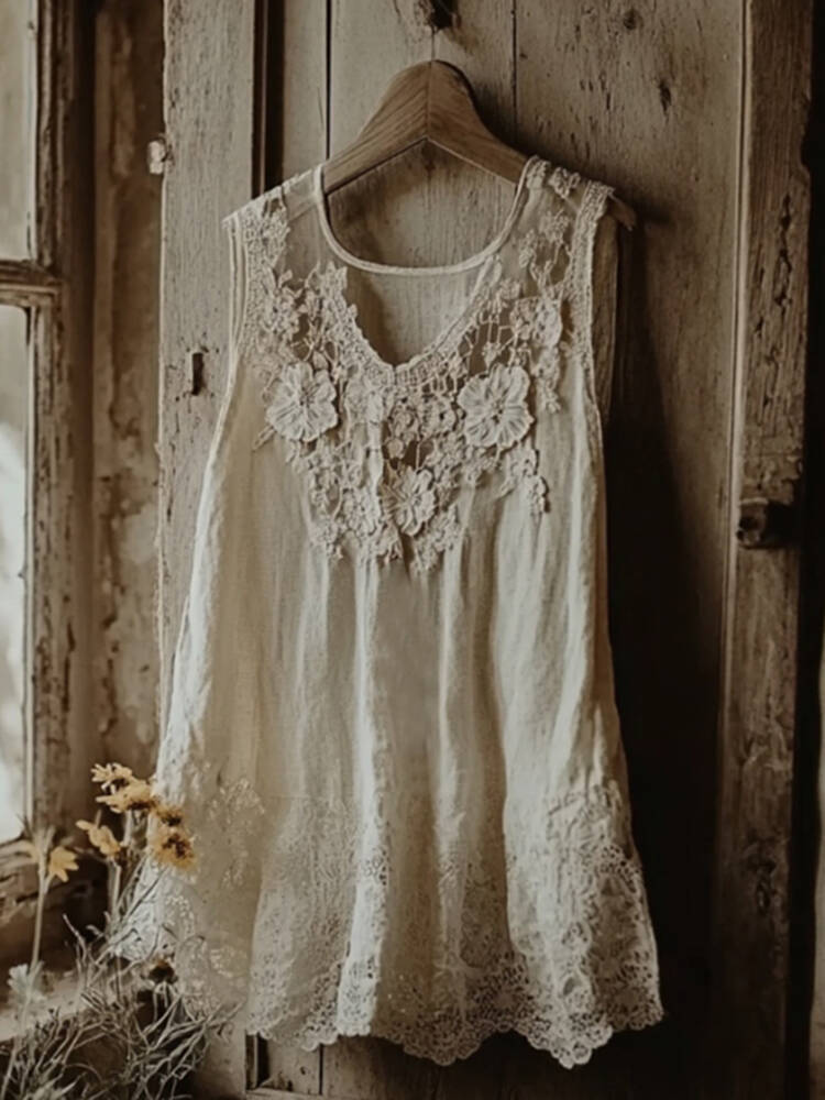 Vintage Lace Embroidery Art Linen Sleeveless Top