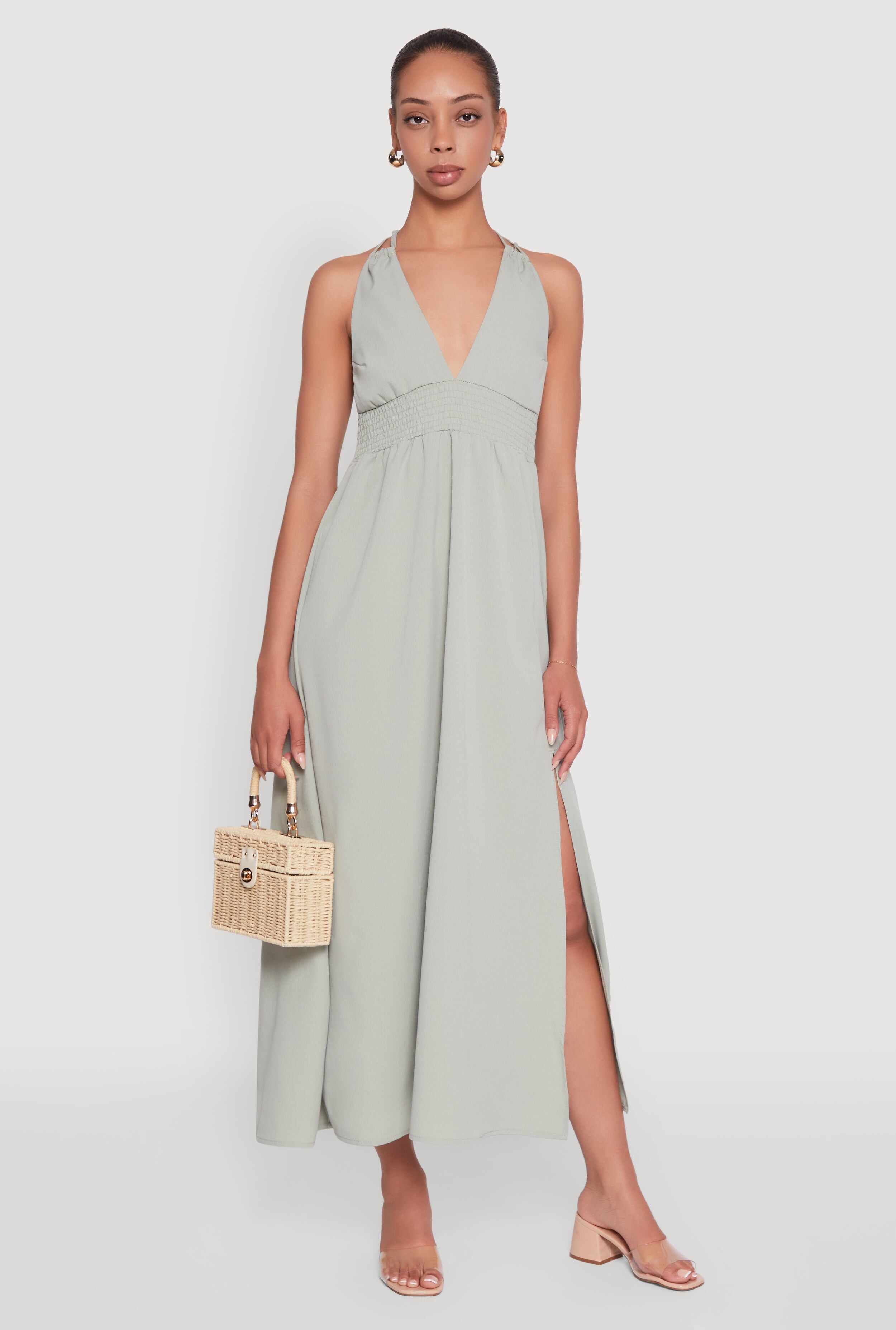 Trendy Plunge Halter Tie Maxi Dress with Criss Cross Back Straps