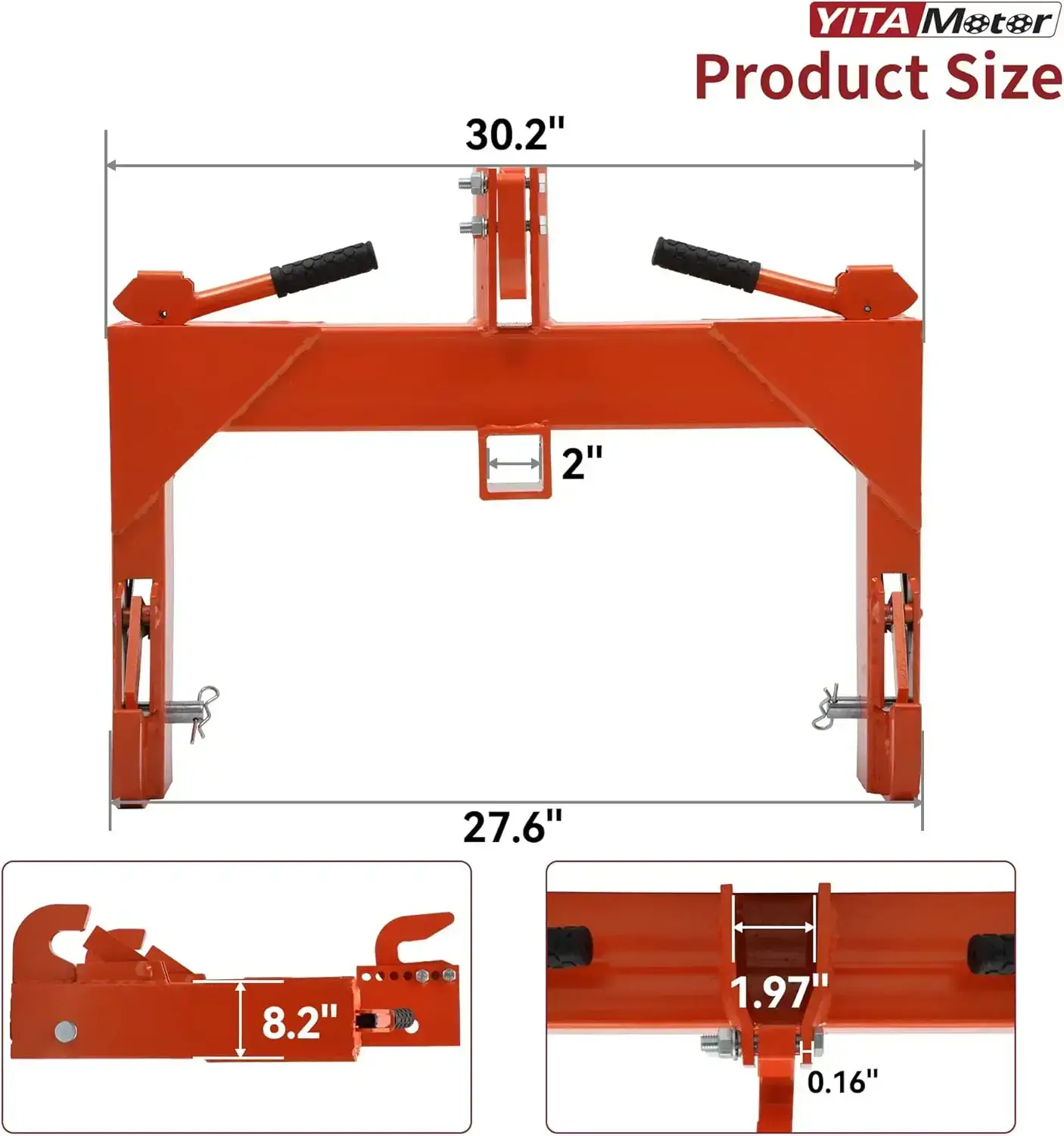 Category 1 3-point quick hitch; 3,000 lb heavy-duty 3-point tractor hitch (with 2-inch receiver); features 5-position adjustable bolts.