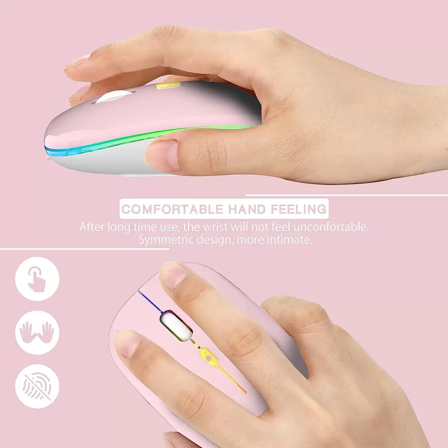 [Upgrade] LED Wireless Mouse, Slim Silent Mouse 2.4G Portable Mobile Optical Office Mouse with USB & Type-c Receiver, 3 Adjustable DPI Levels for Notebook, PC, Laptop, Computer, MacBook (Pink)