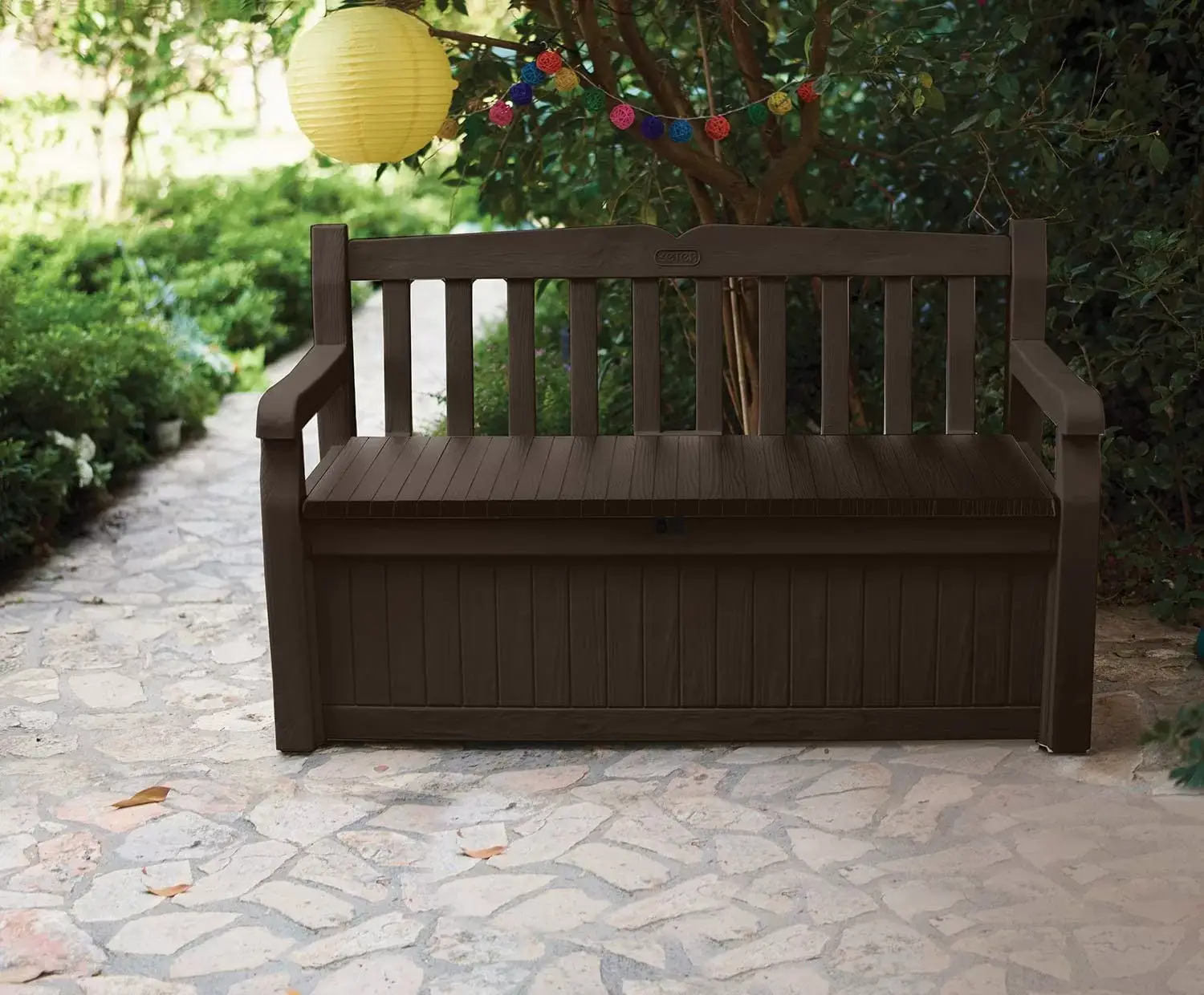 Keter Solana 70 Gallon Storage Bench Deck Box for Patio Furniture, Front Porch Decor and Outdoor Seating – Perfect to Store Garden Tools and Pool Toys,Brown/Brown