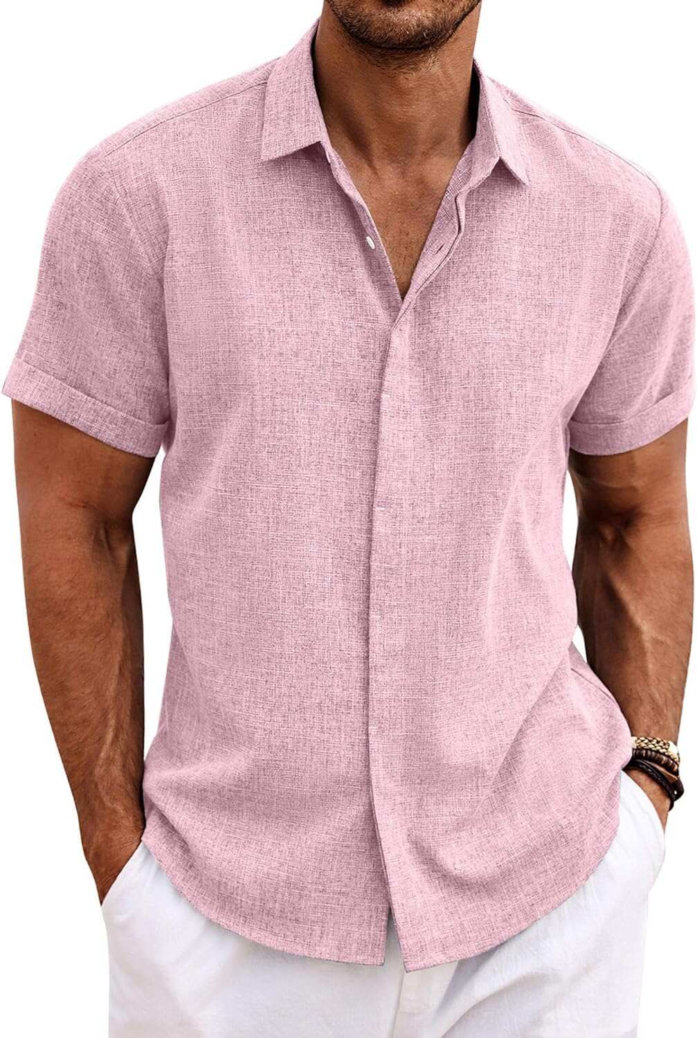 Men's Linen Shirts Short Sleeve Casual Shirts Button Down Shirt for Men Beach Summer Wedding Shirt