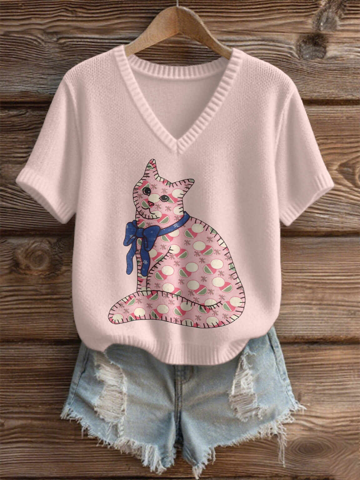 Imitation Sweaters Women's Clothing Short Sleeve V-neck Loose Top