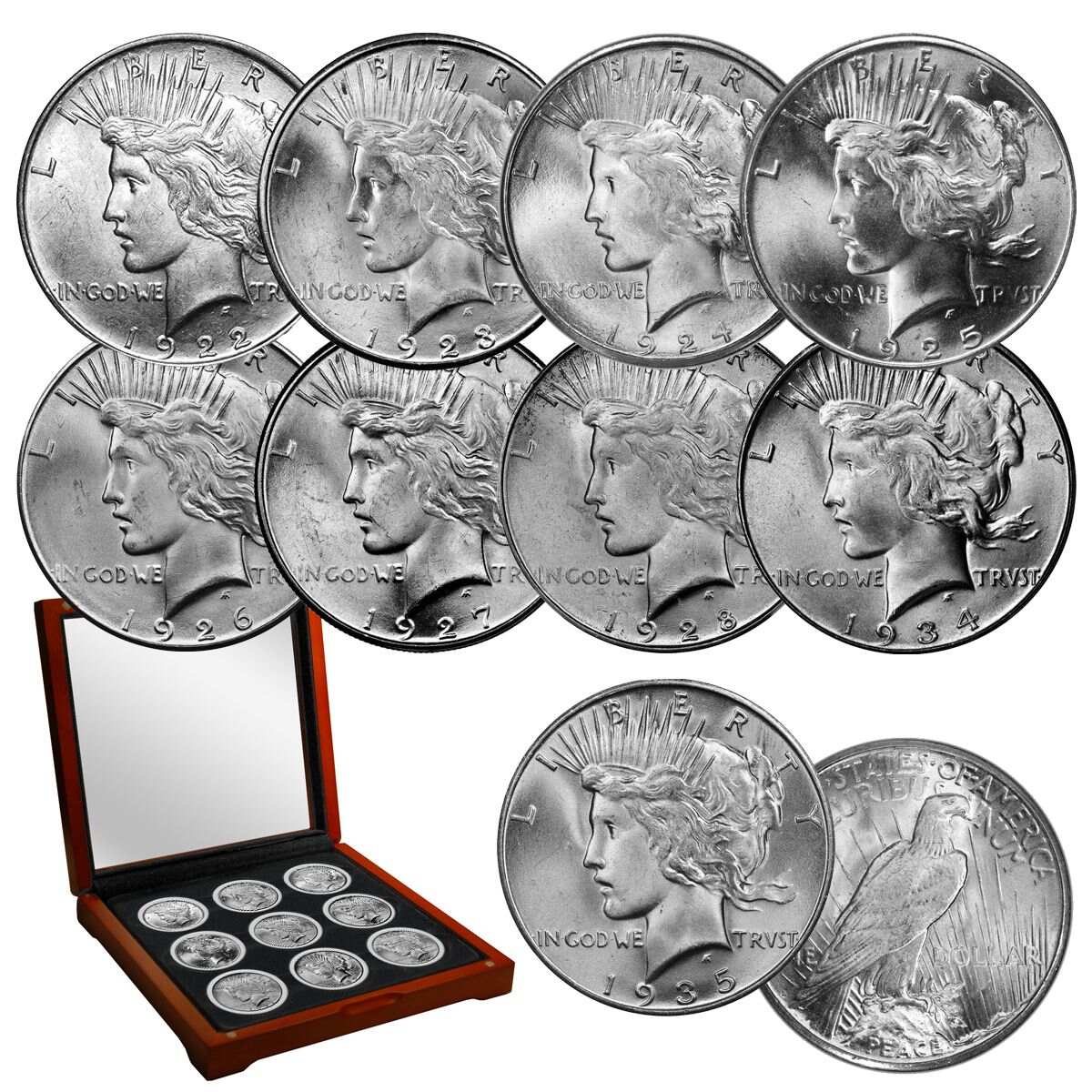 The Complete Collection of 1921~1935 Peace Silver Dollar 24 Coin Set