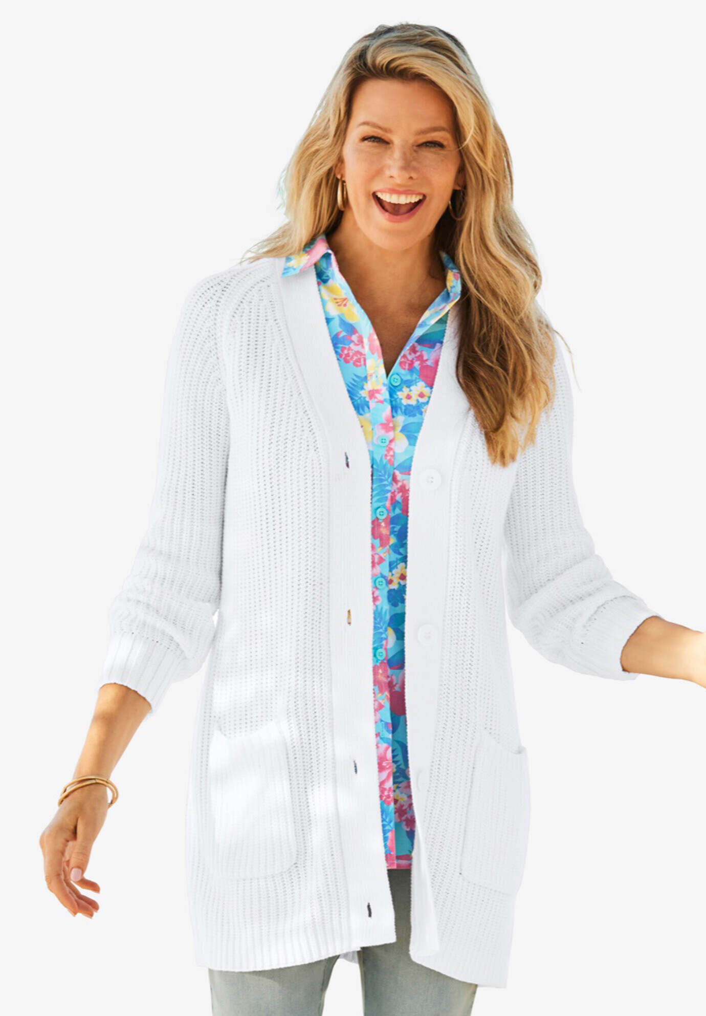 Button-Front Shaker Cardigan