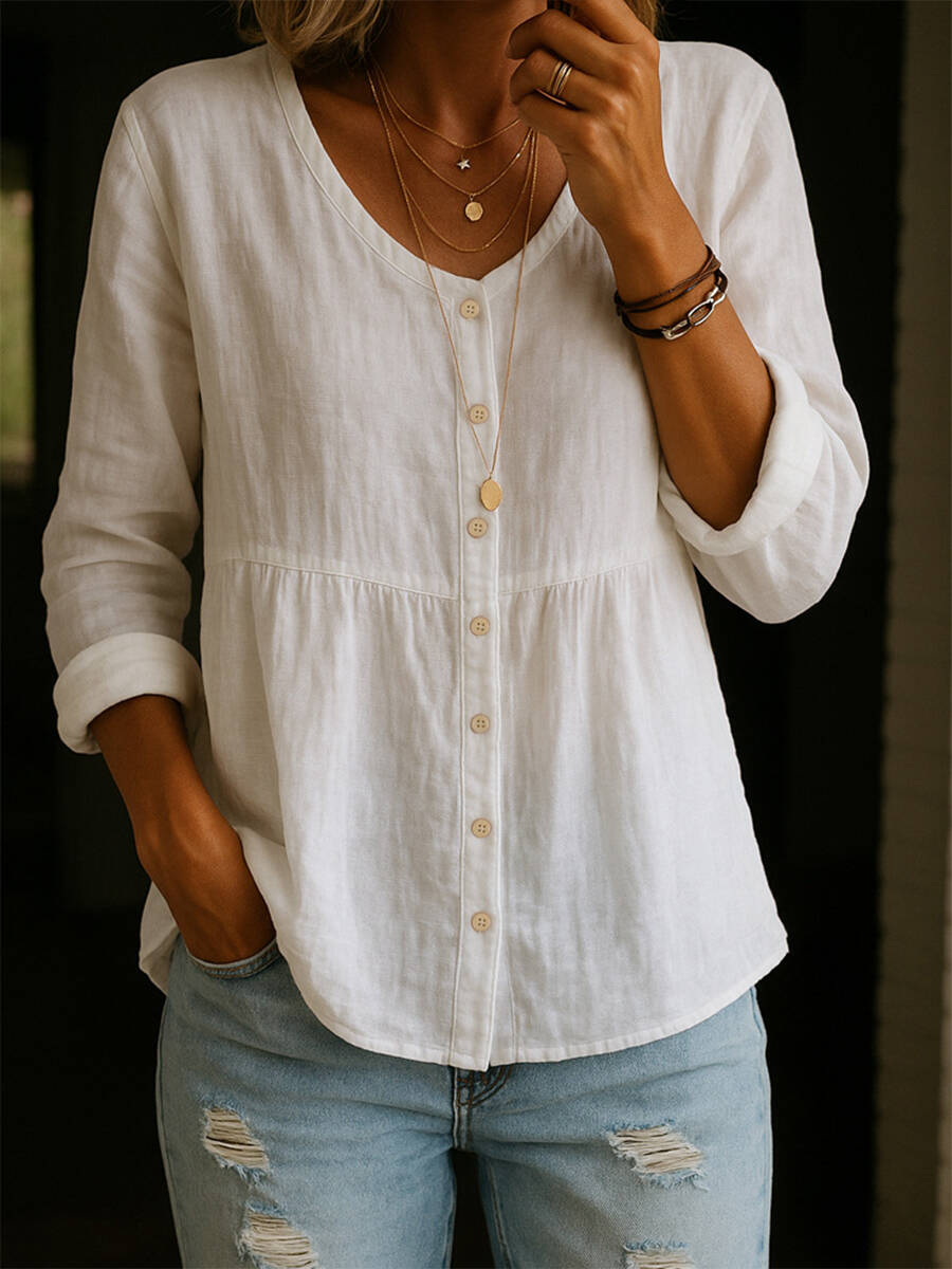 🔥Summer Arrivals🌟Women's Linen Cotton Blend Shirt - 3/4 Sleeve Crew Neck Loose Hip-Length Casual Blouse