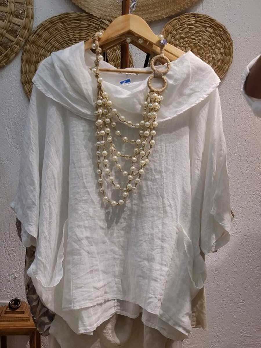 🔥Summer Arrivals🌟Women's Solid Color Draped Neck 3/4 Sleeve Comfortable Casual Linen Pocket Top