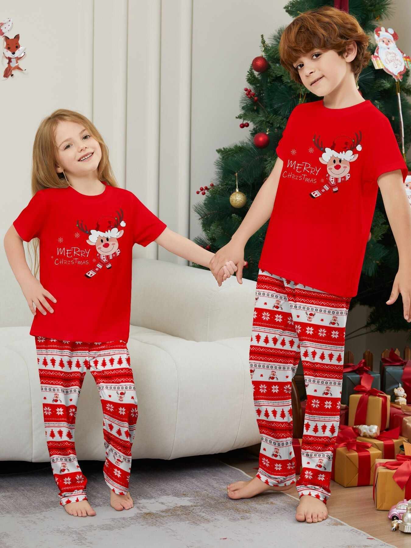 Fawn Printed Short Sleeve Family Matching Christmas Pajamas Sets