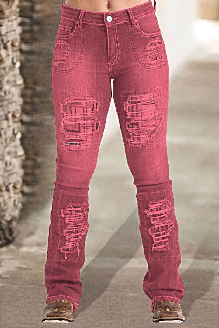 Vintage Stripe Print Ripped Mid Waist Jeans