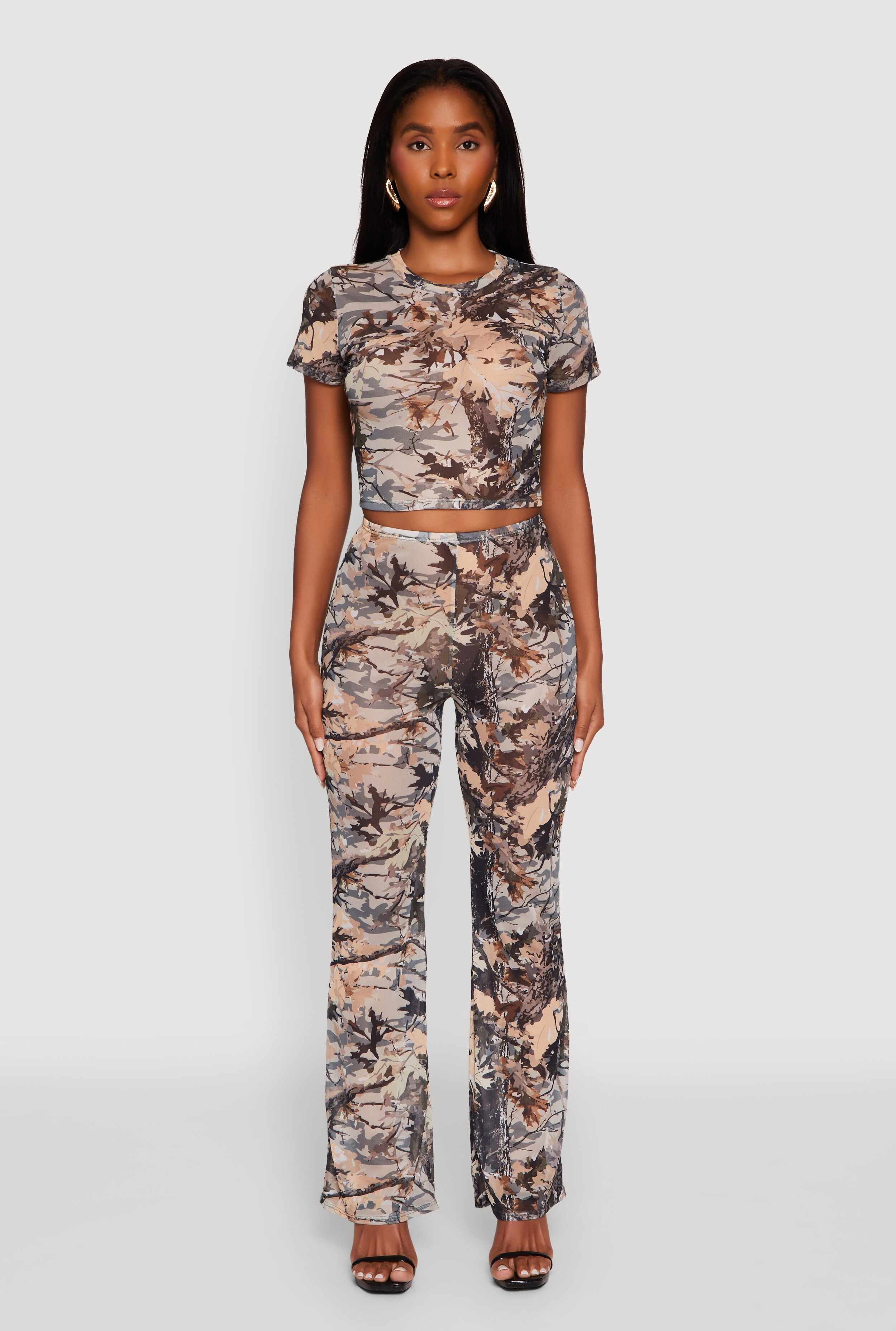 Camo Leaf Print Mesh Casual Pants