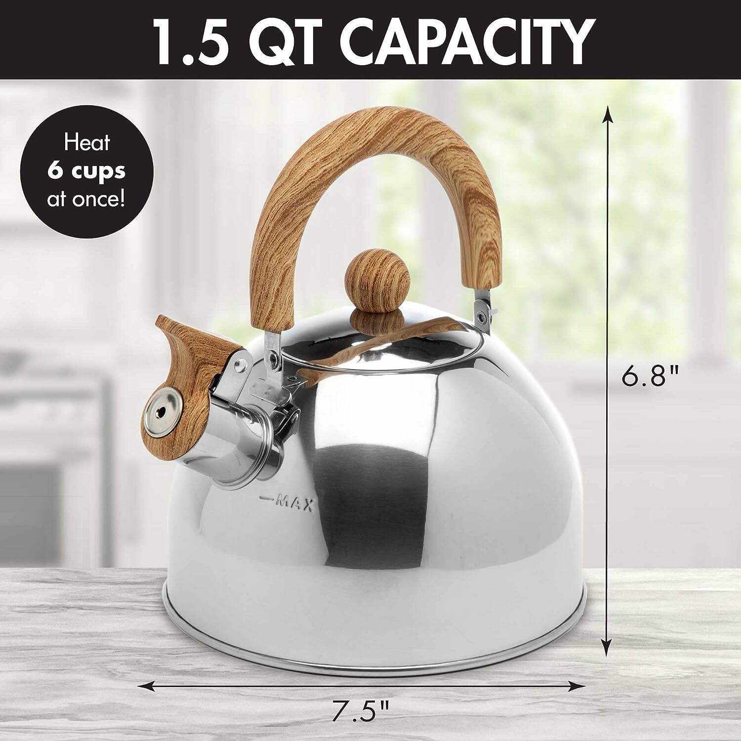 Primula Stewart Whistling Stovetop Tea Kettle Food Grade Stainless Steel, Hot Water Fast to Boil, Cool Touch Folding, 1.5-Quart, Brushed with Black Handle