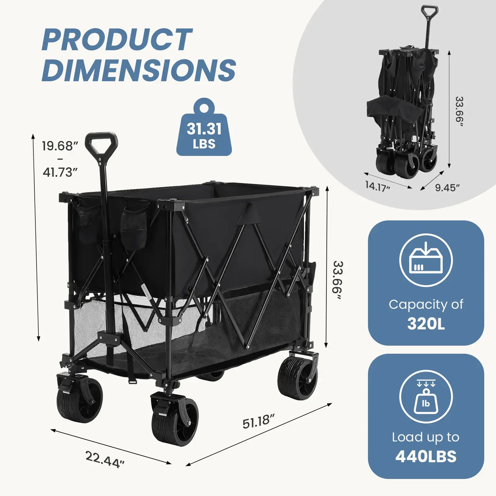 Large Capacity Folding Double Decker Wagon with Brakes, 440 lbs Wagons Carts Foldable Wagon Cart with Flexible Handle, All-Terrain Big Wheels for Grocery Sports Garden Camping
