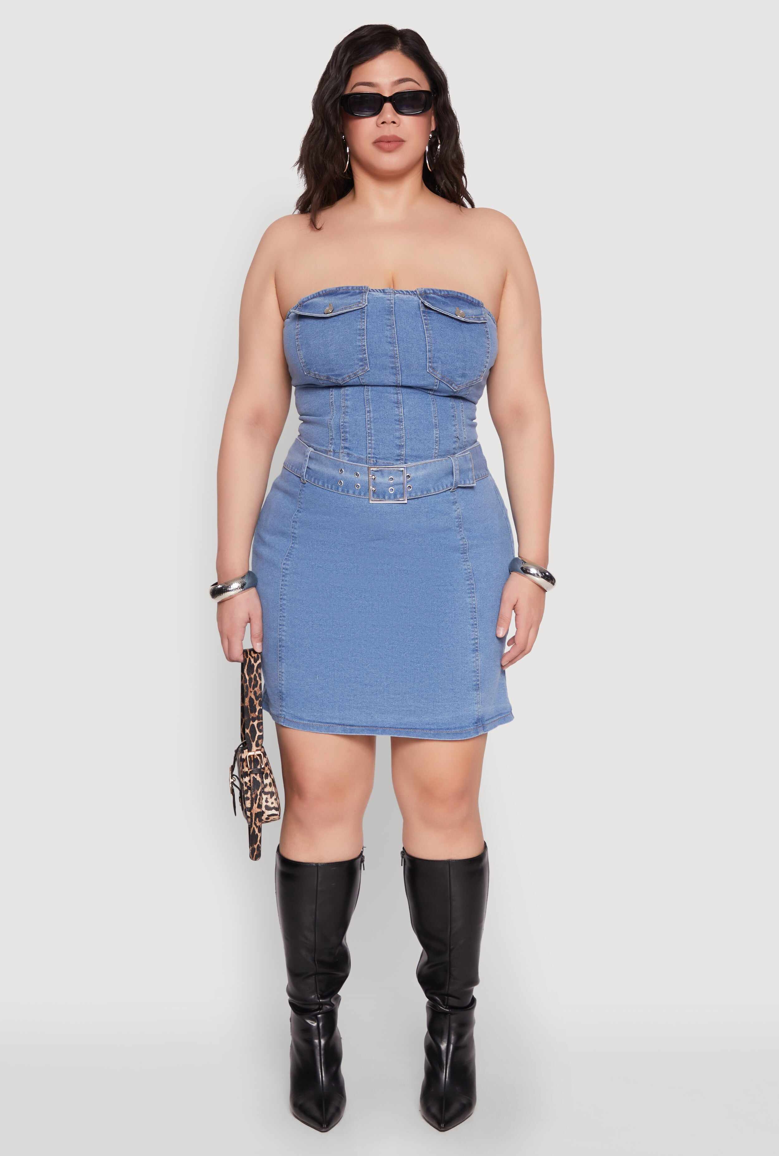 Plus Size Zip Back Belted Front Denim Mini Skirt