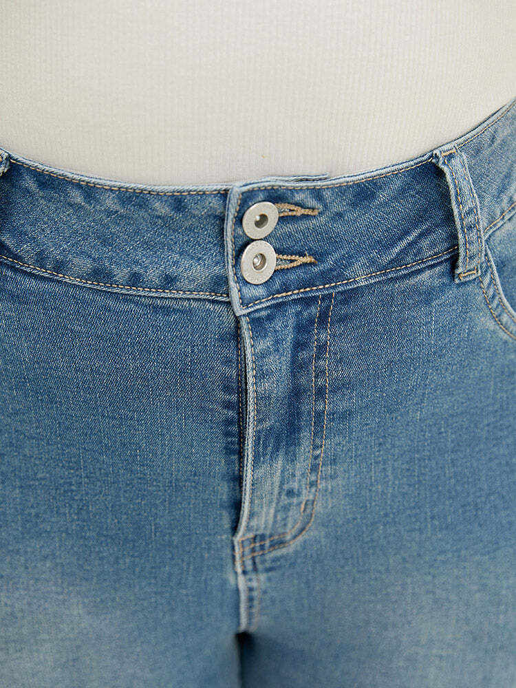 Very Stretchy High Rise Medium Wash Roll Hem Cropped Jeans