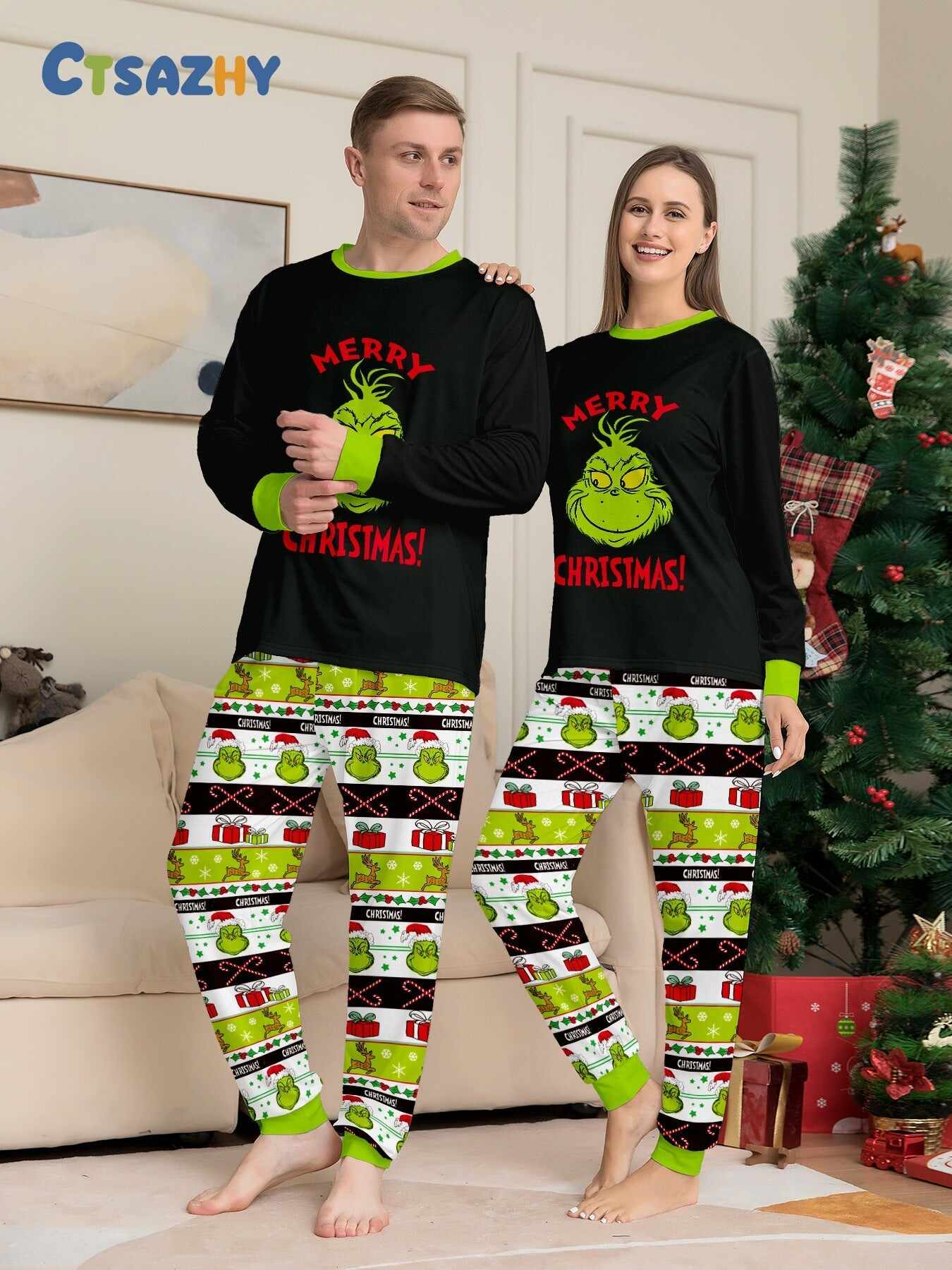 Christmas Grinch Cartoon Print Family Matching Long Sleeve Pajama Set