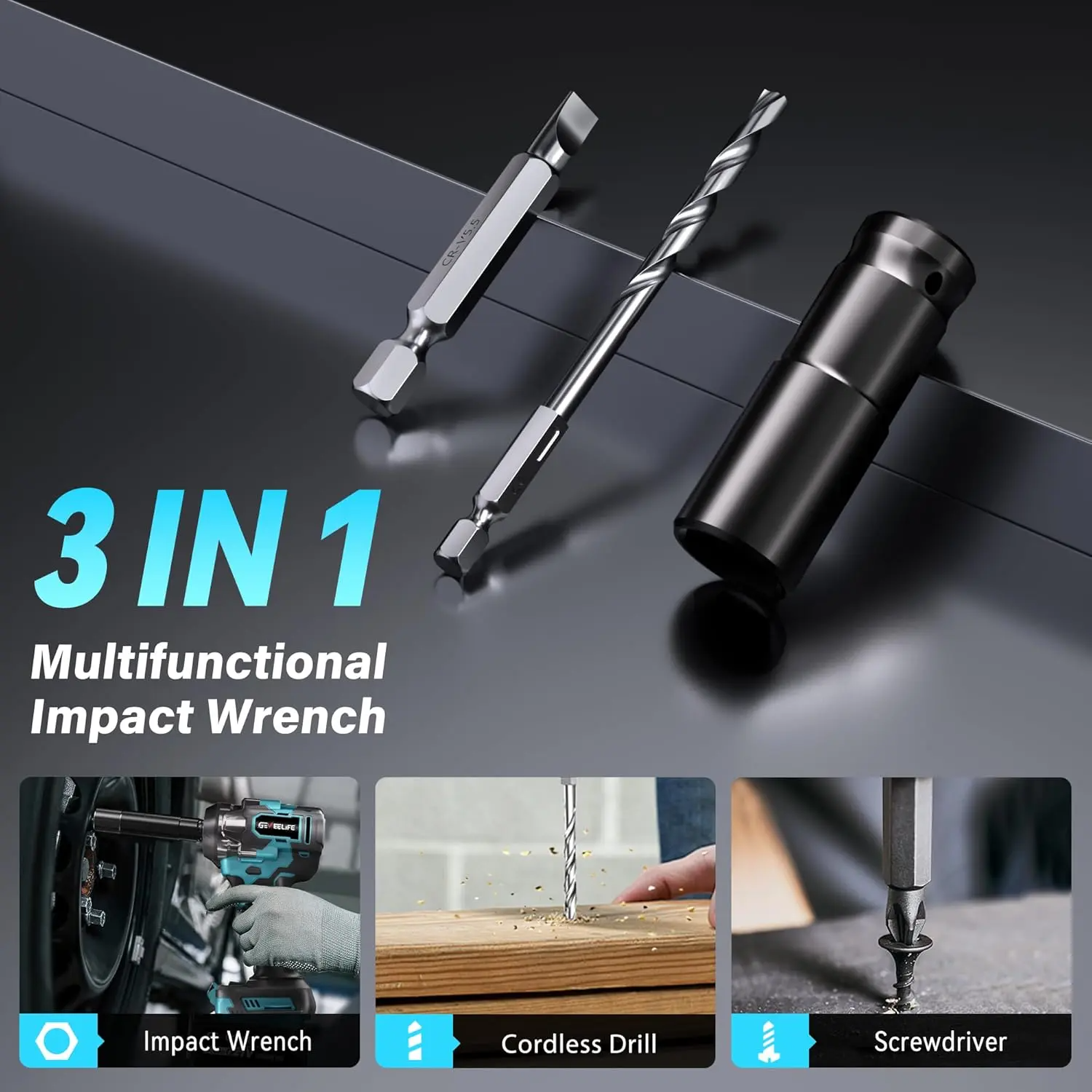 GEVEELIFE 750Nm 3 in 1 Brushless Impact Wrench 1/2