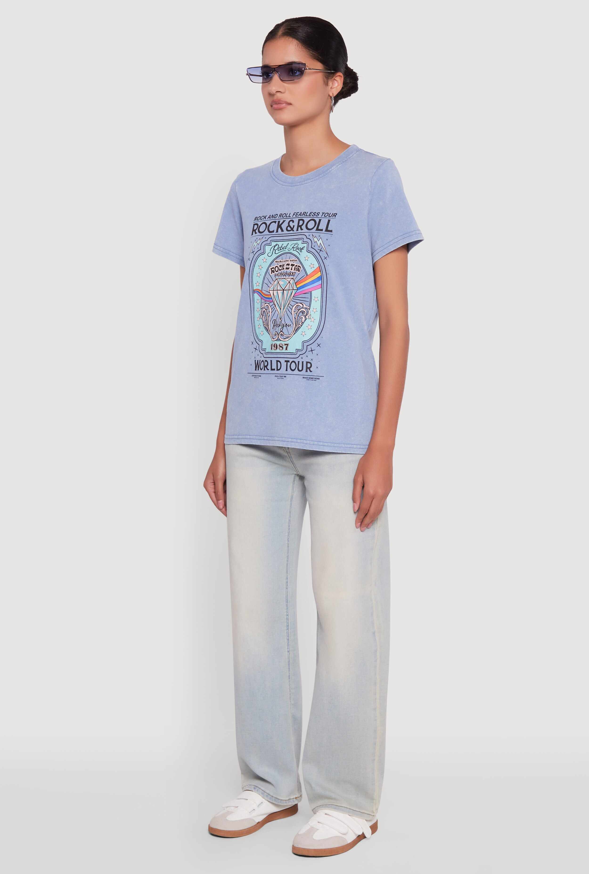 Acid Wash Graphic Rock and Roll Fearless Tour T-Shirt