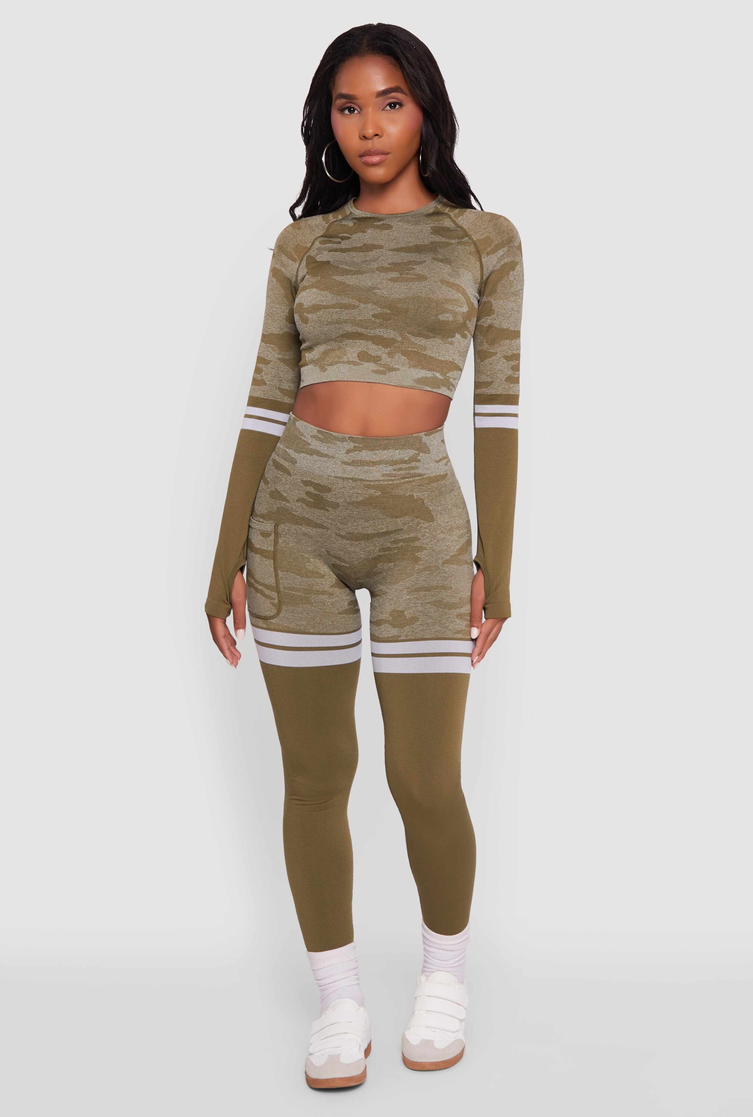 Camo Two Tone Long Sleeve Crop Top with Thumb Holes