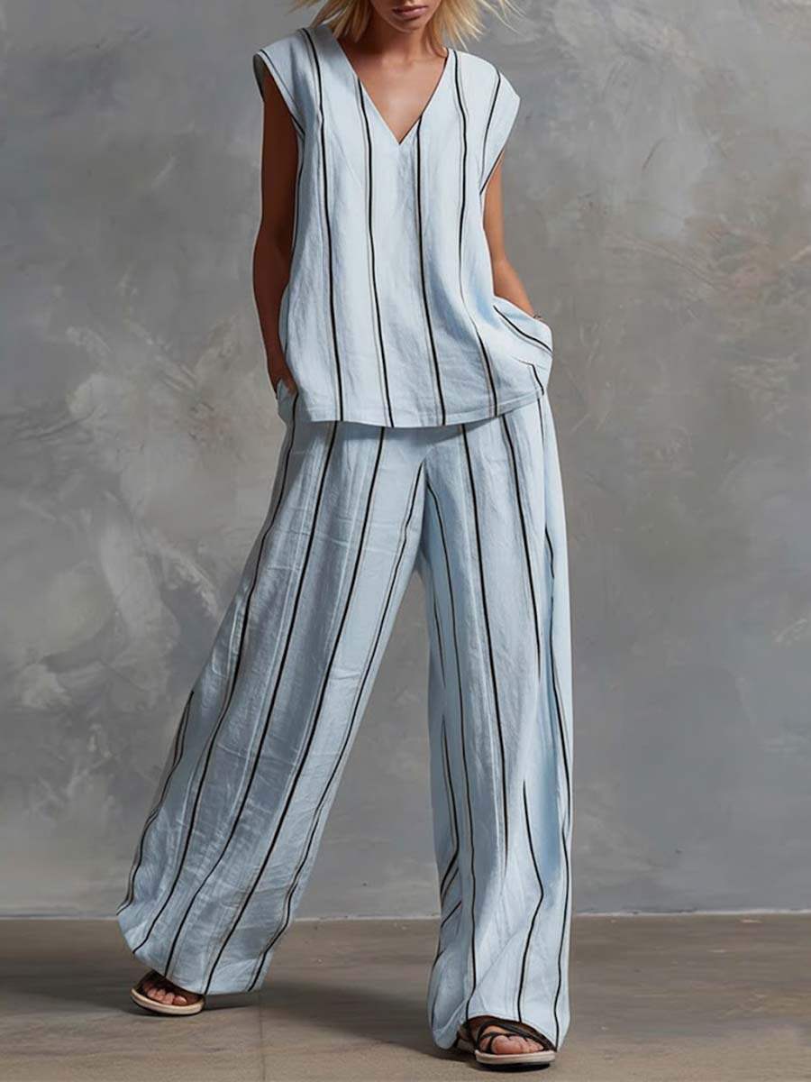 🔥Summer Arrivals🌟Women's V-neck Sleeveless Cotton Top High-waisted Casual Loose Cotton Wide-leg Pants Set