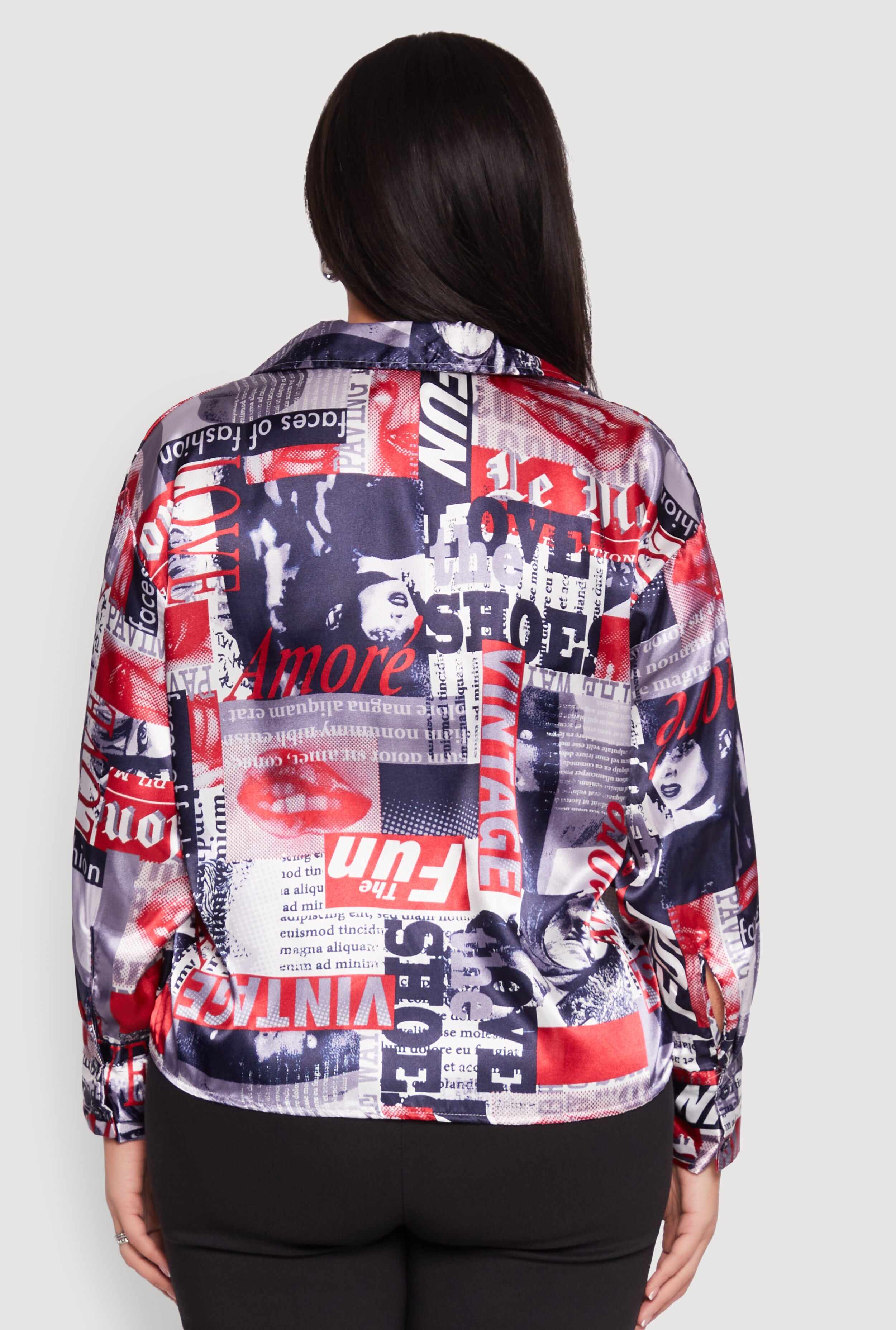 Plus Size Newspaper Print Satin Shirt