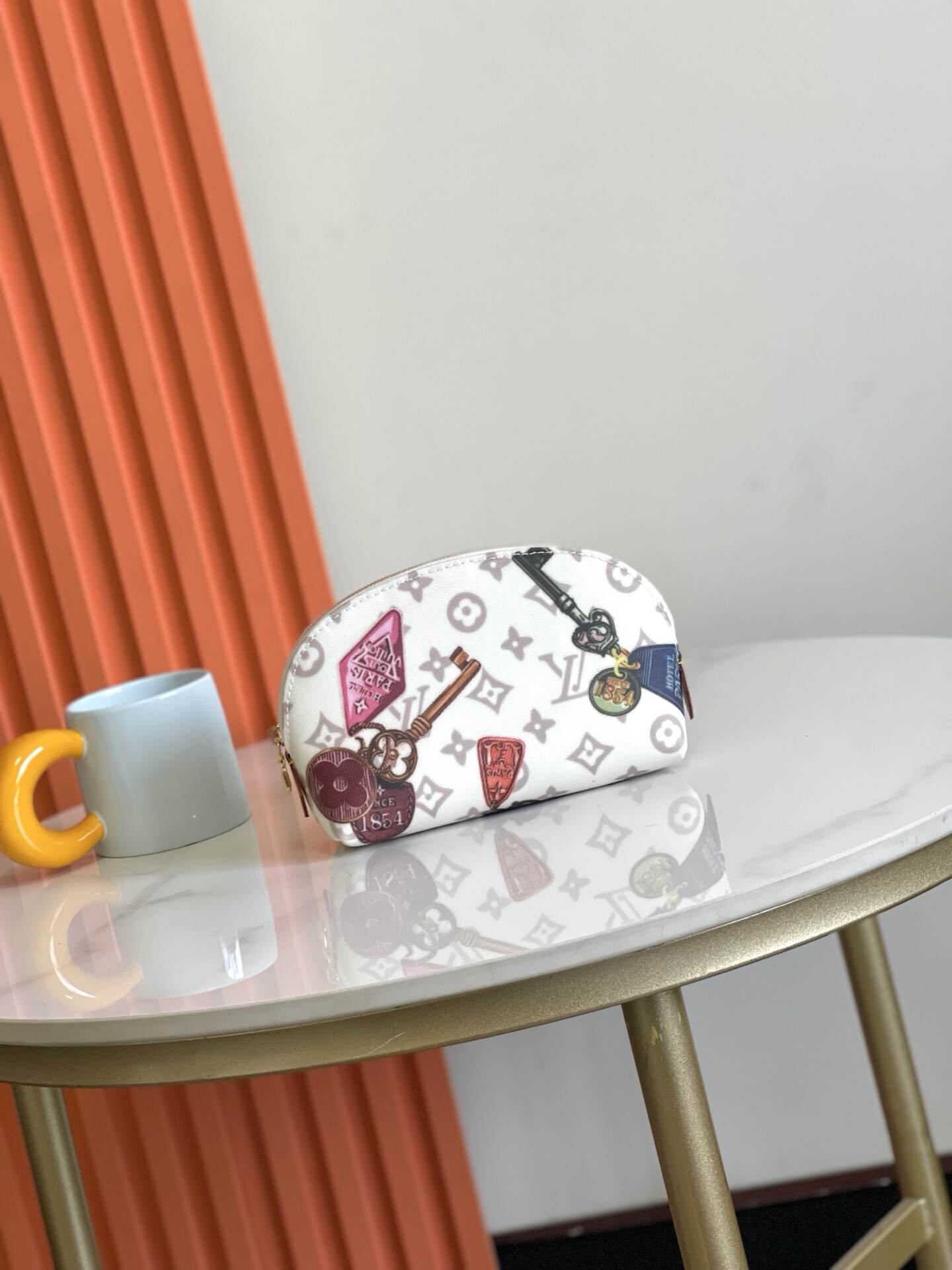 Small Cosmetic Pouch – Monogram-Inspired Coated Canvas with Vintage Hotel Key Motif & Washable Lining