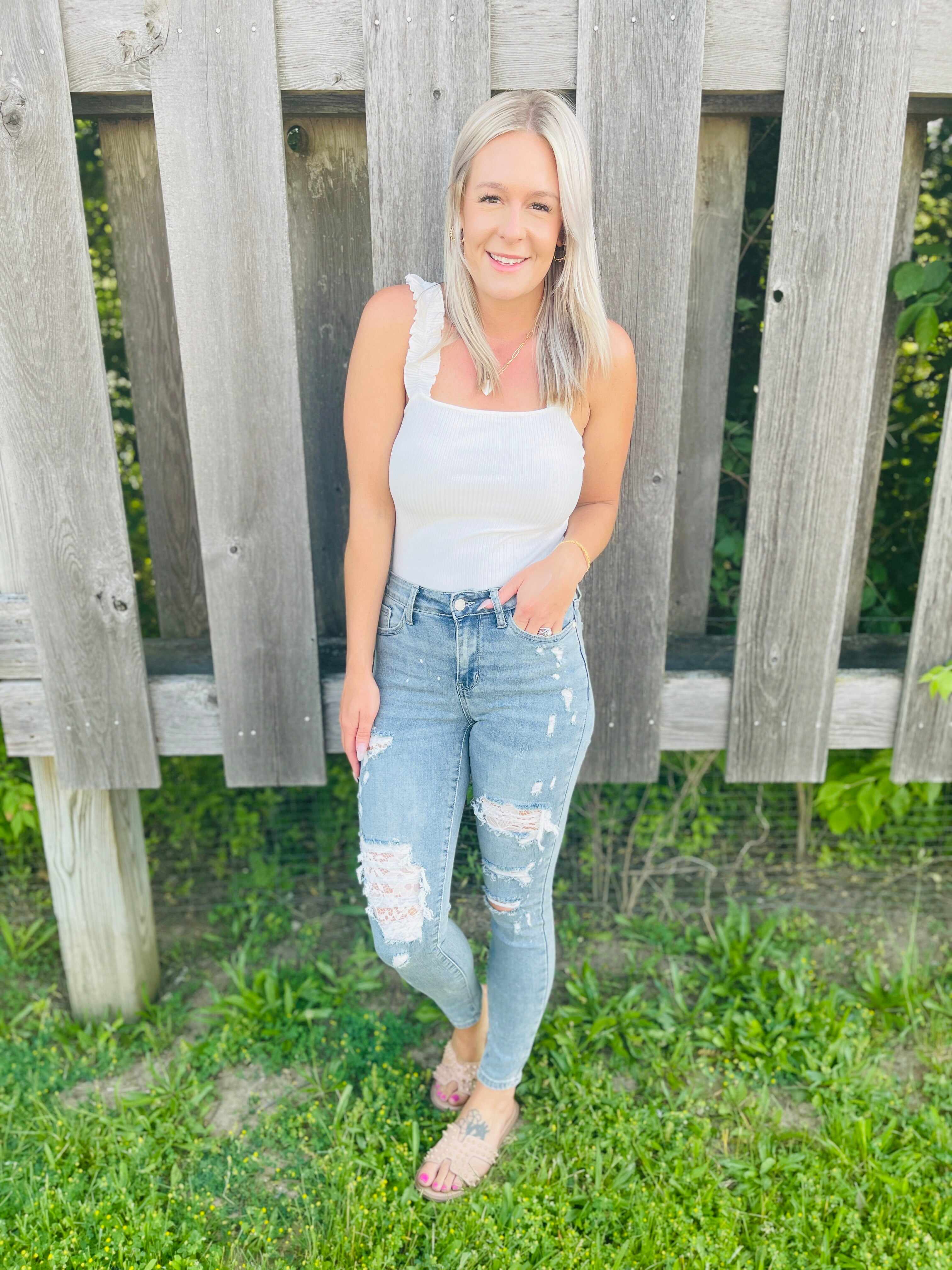 PLUS/REG All Laced Up Lace Patch Skinny Jeans