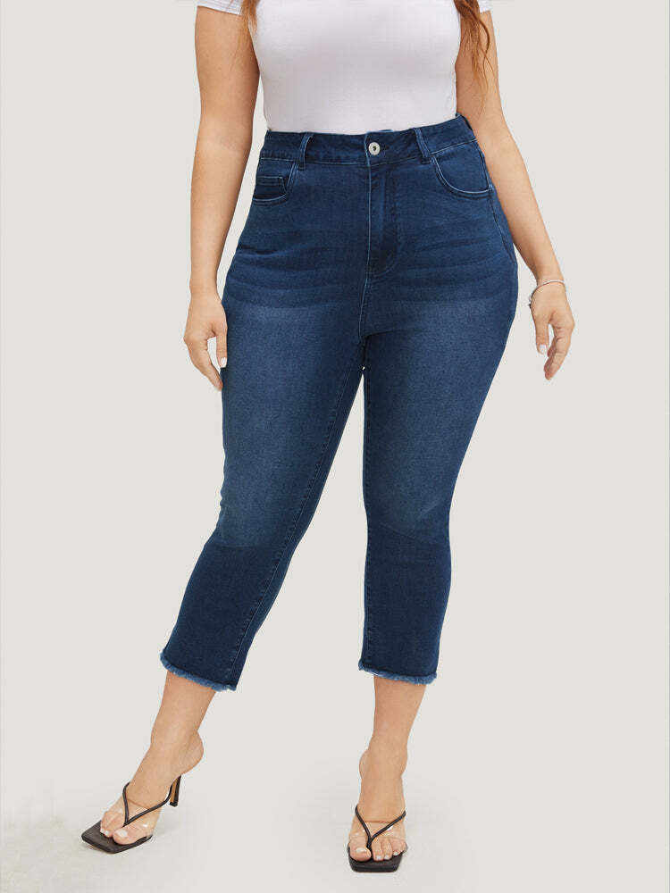 Very Stretchy High Rise Dark Wash Raw Hem Cropped Jeans