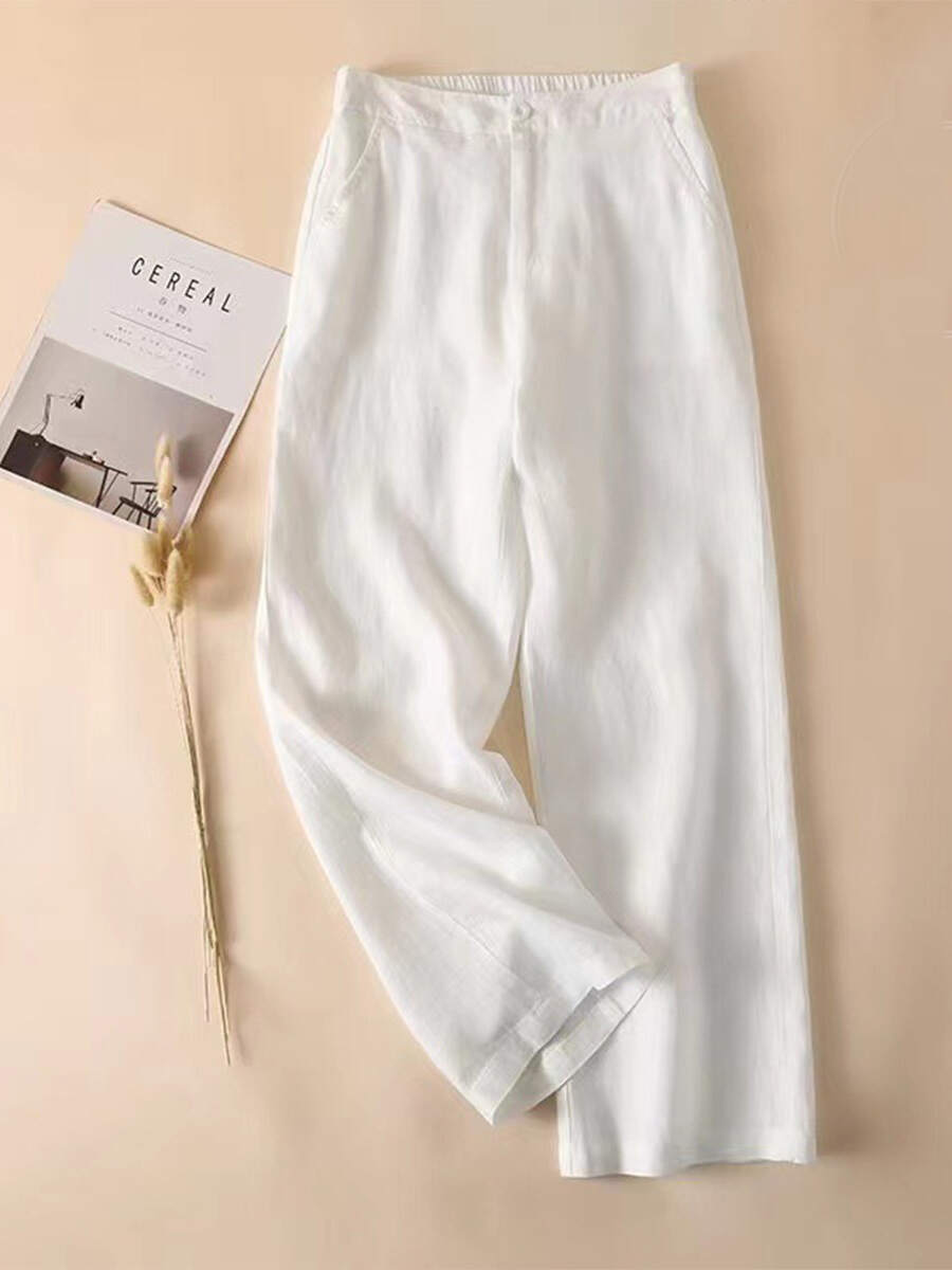 🔥Summer Arrivals🌟Women's Solid Color Half Elastic Waist Casual Cotton and Linen Wide Leg Pants