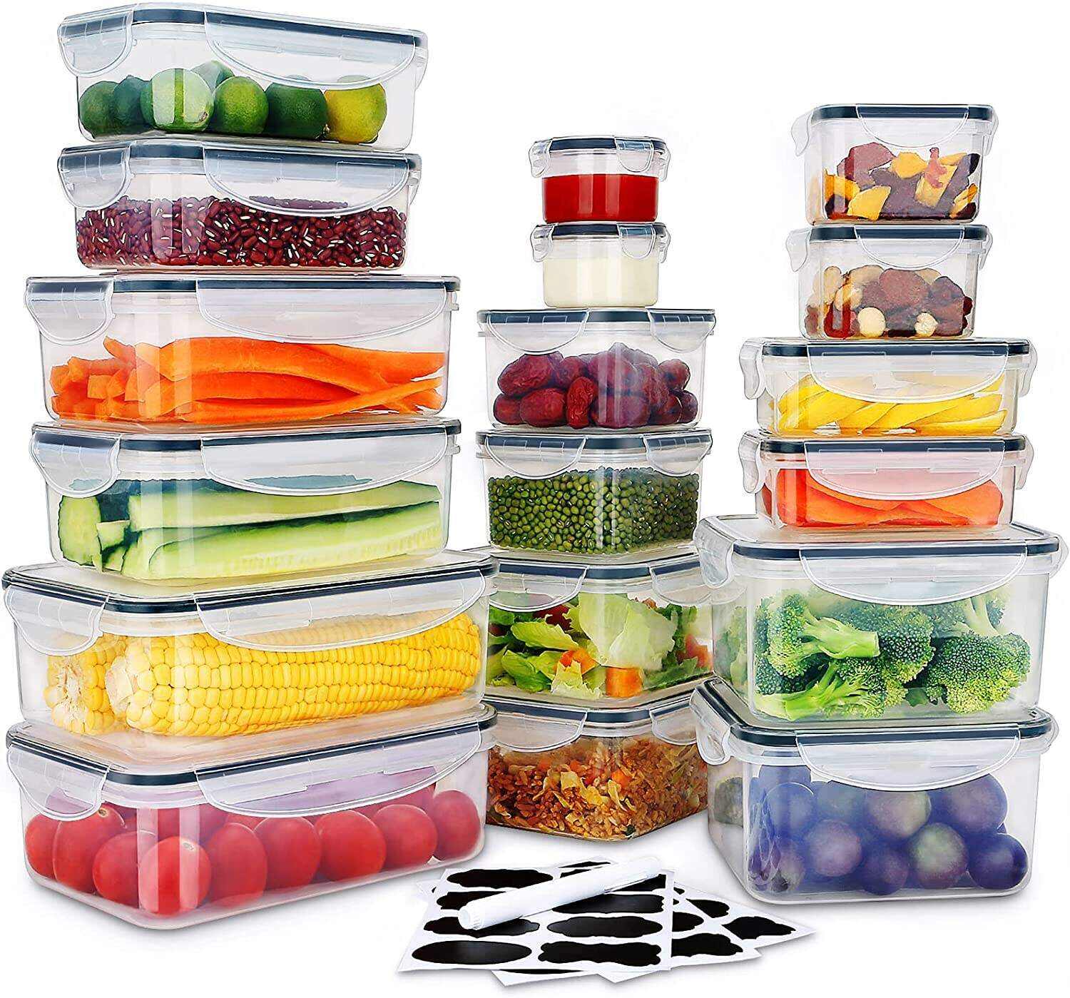 36 PCS Food Storage Containers Large, (18 Stackable Plastic Containers with 18 Lids) - 100% Airtight & BPA-Free & Microwave, Dishwasher Safe Food Storage with Chalkboard Labels & Marker