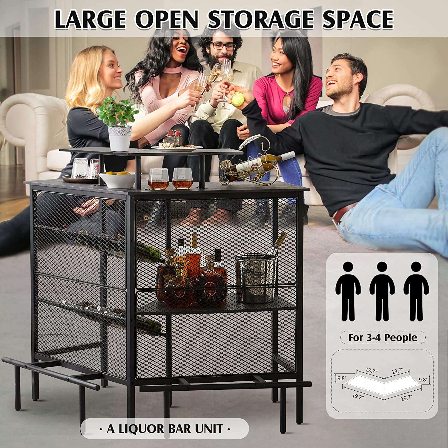 VECELO Bar Unit, 3 Tier Liquor Cabinet with Metal Mesh Front