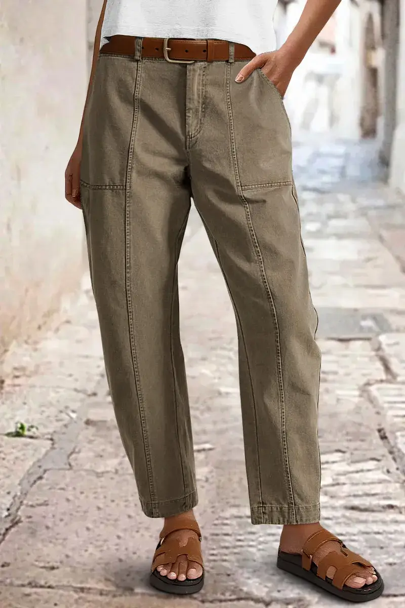 🔥 Last Day For Clearance！ !10 packs only $32!Solid Stitch Detail Mid Waist Barrel Leg Pants Without Belt