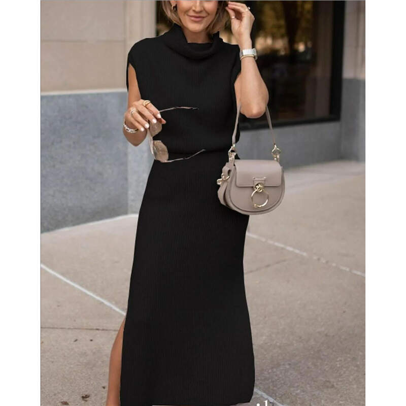Temperament casual solid color sleeveless knitted top skirt two-piece set