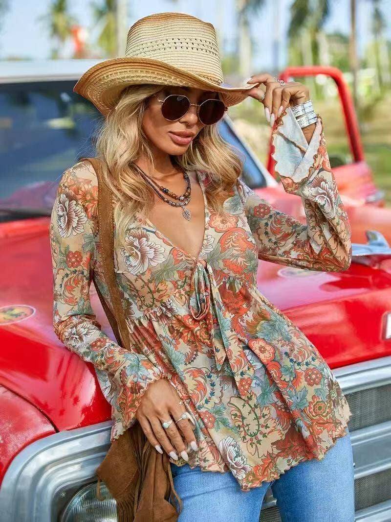 Orange Boho Women's Paisley Print Mesh Long Sleeve Tie Front Asymmetric top