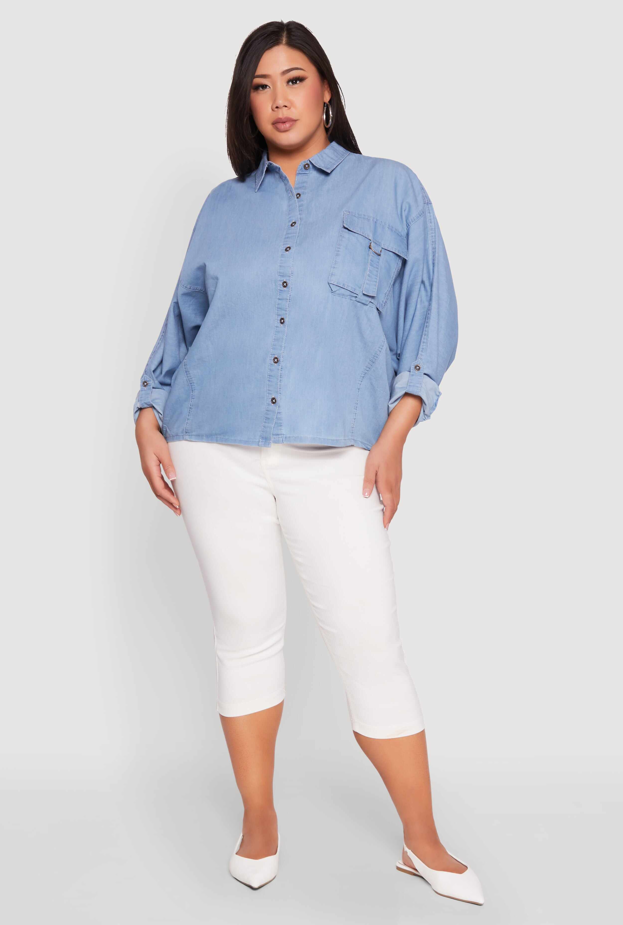 Plus Size Chambray Tabbed Pocket Shirt