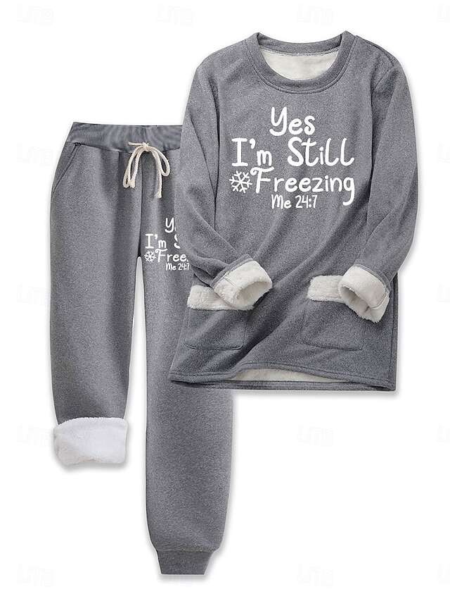 Women's Fleece Lined Sweatsuits Top and Pant Letter Warm Comfort Soft Home Daily Bed Fleece Warm Breathable Crew Neck Long Sleeve Pullover Pant Elastic Waist Fall Winter