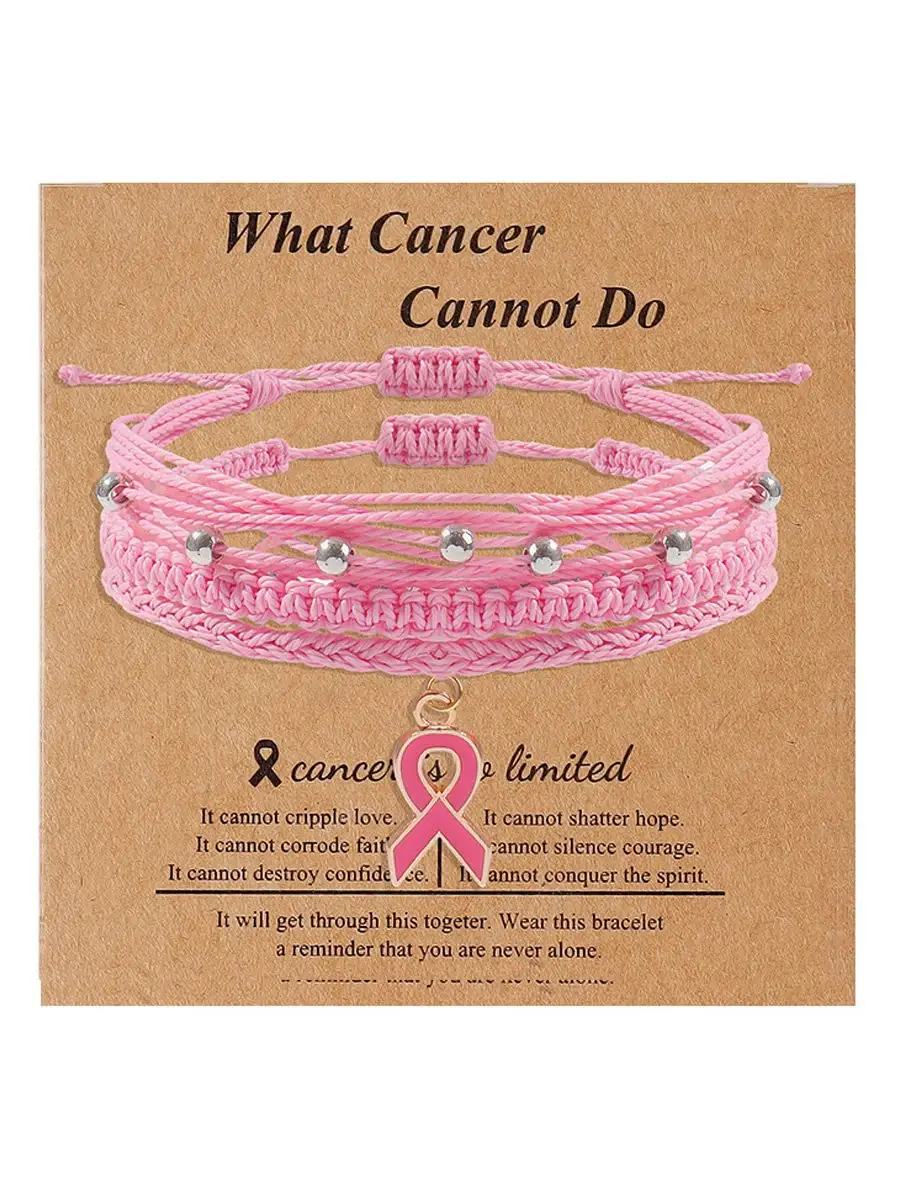 Handwoven Pink Ribbon Pendant Multi-layer Bracelet