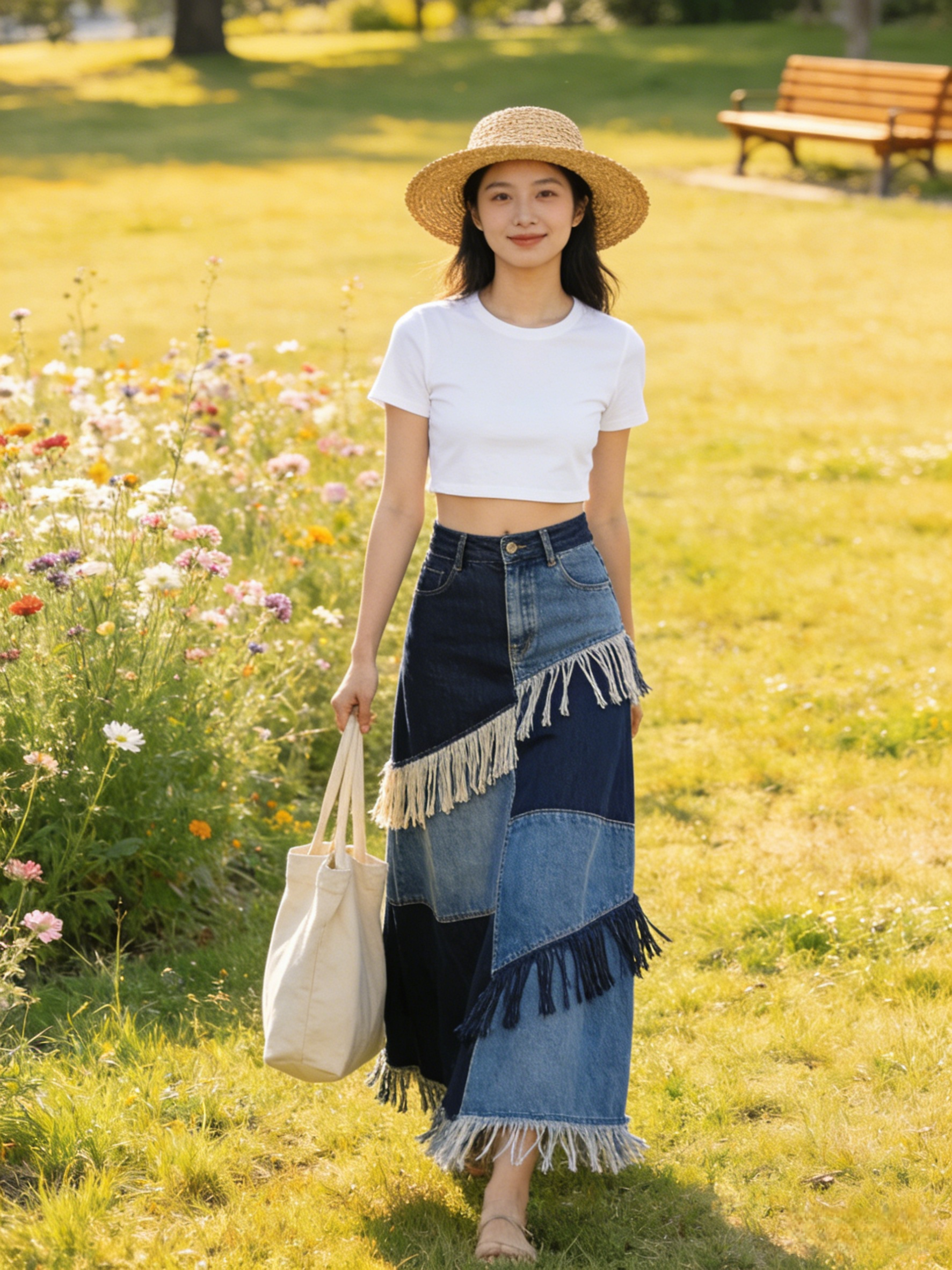 Women Navy High Waist Patchwork Tassel Denim Maxi Skirts Summer