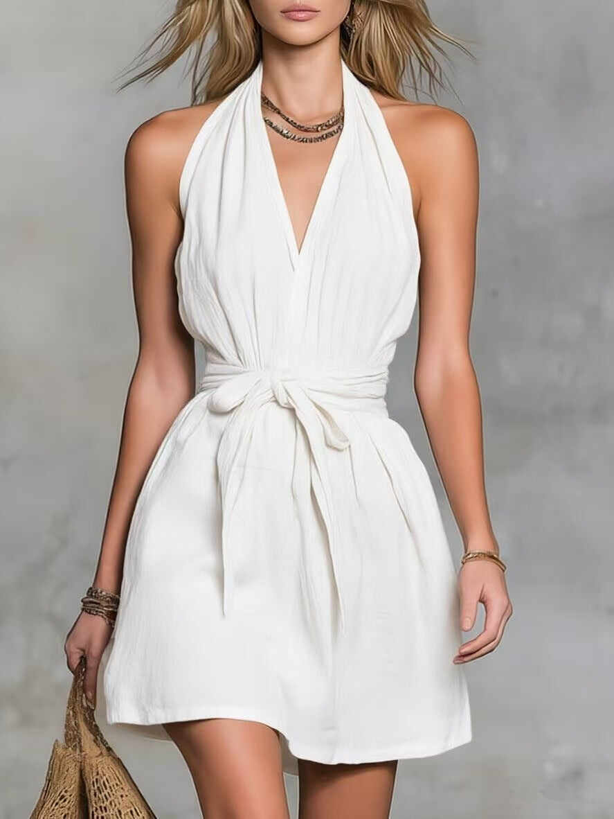 Halter Neck V-Neck Waist Tie Casual Holiday Women'S Dress