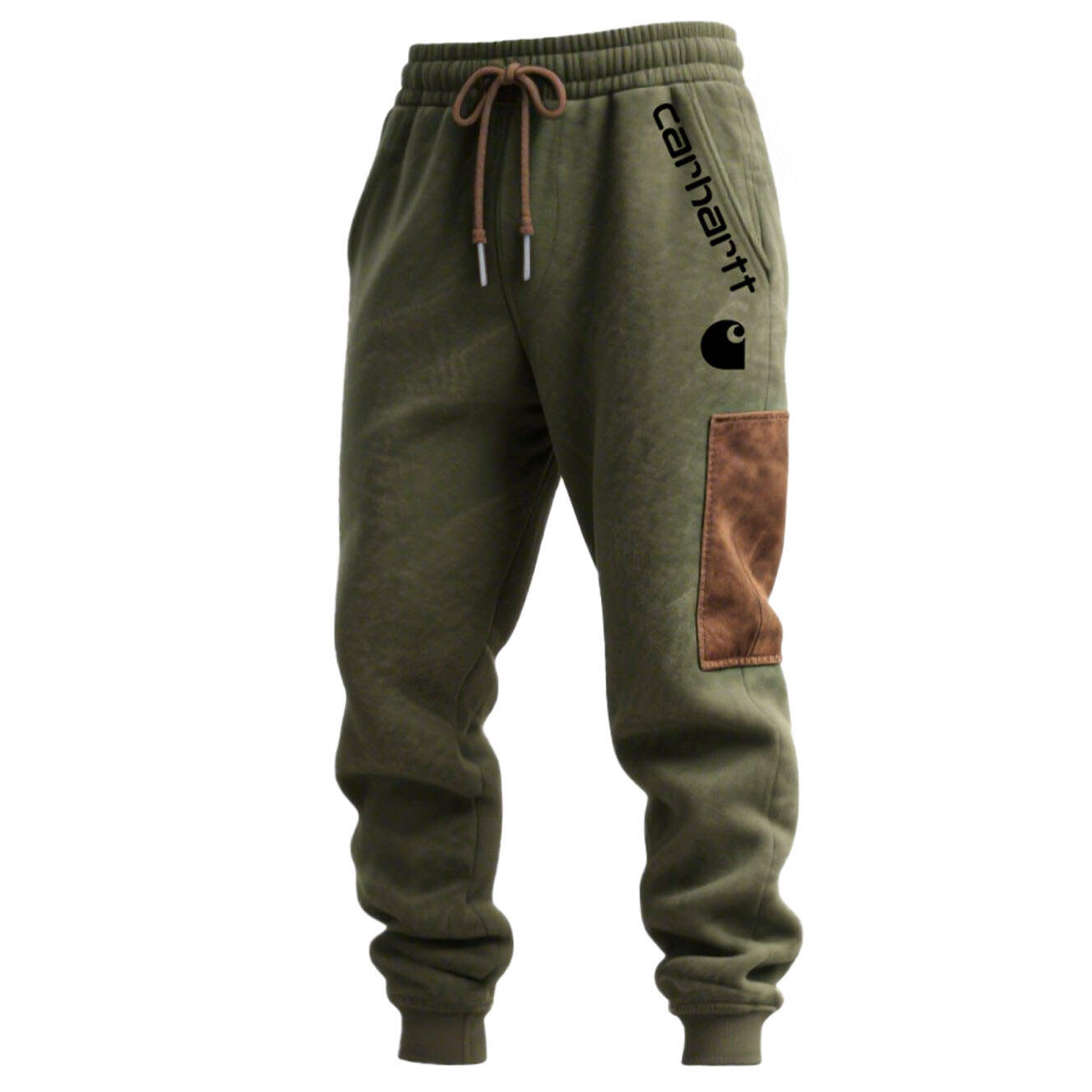 Men's Vintage Army Green Stitching Brown Suede Pocket Hoodie And Sweatpants Jogger Set