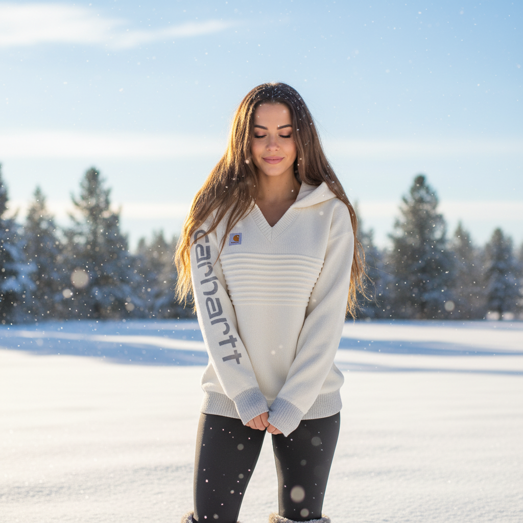 Western-style Beige Hooded Knit Sweater Women's V-neck Textured Pullover