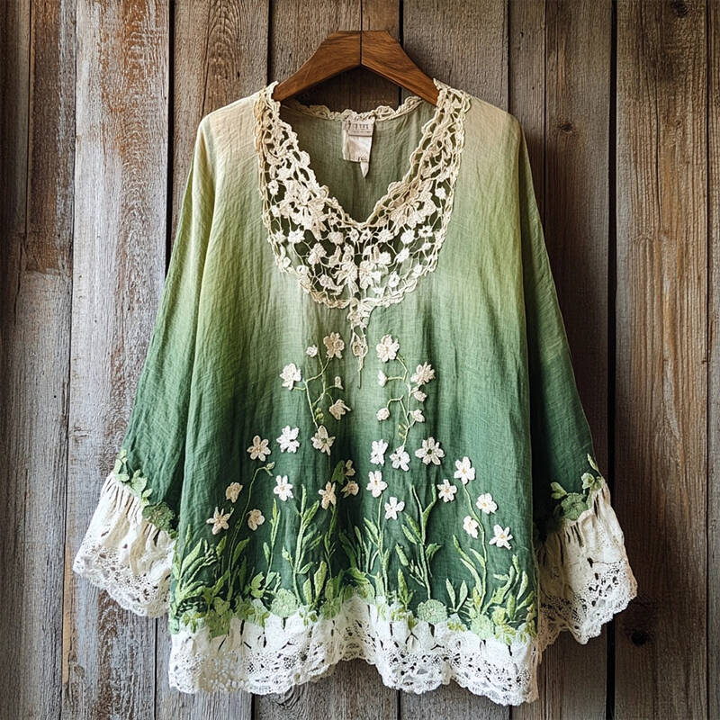 Women's Boho Floral Embroidered Lace Patchwork Linen Shirt